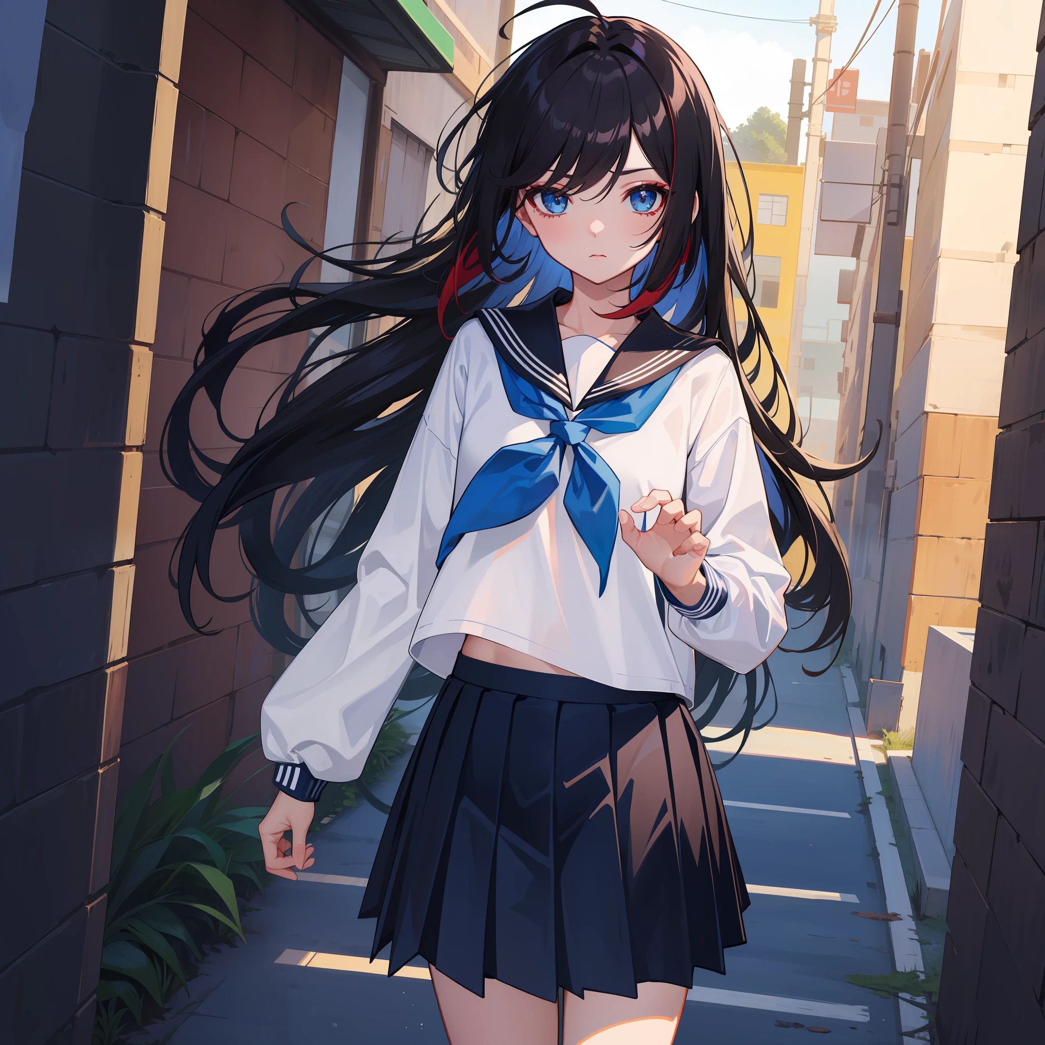 detailded、１a  girl､(dark haired)、Long hair、Ahoge falls on the eyes、Back alley、standing a、Student uniforms、 sock, serafuku, neckerchief, Sailor collar, preated skirt, white sock,  Blue skirt, Half-sleeved, shirts, whiteshirt, Blue sailor color, Blue neckerchief,bangs bangs、Blue Eye、((Red eyeshadow))、cow-boy shot、deadpan