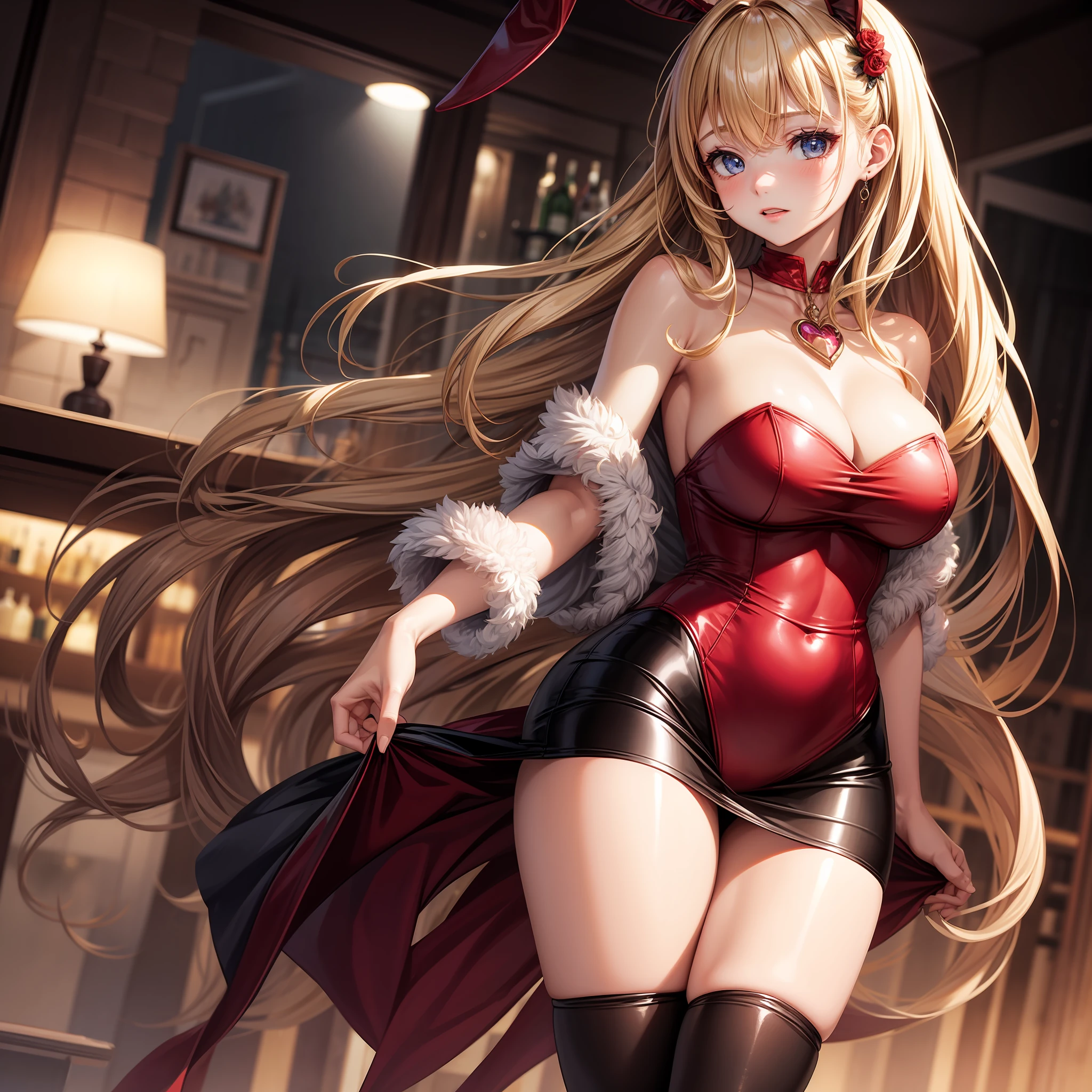 beste Quality、One girl、a whole body、Blonde Long Hair、Red attire、Black miniskirt、tights、beauty legs、Open chest、Giant tits、Shy face、Luxury、Rabbit ears、Empty bar、A dark、Background blur、View here