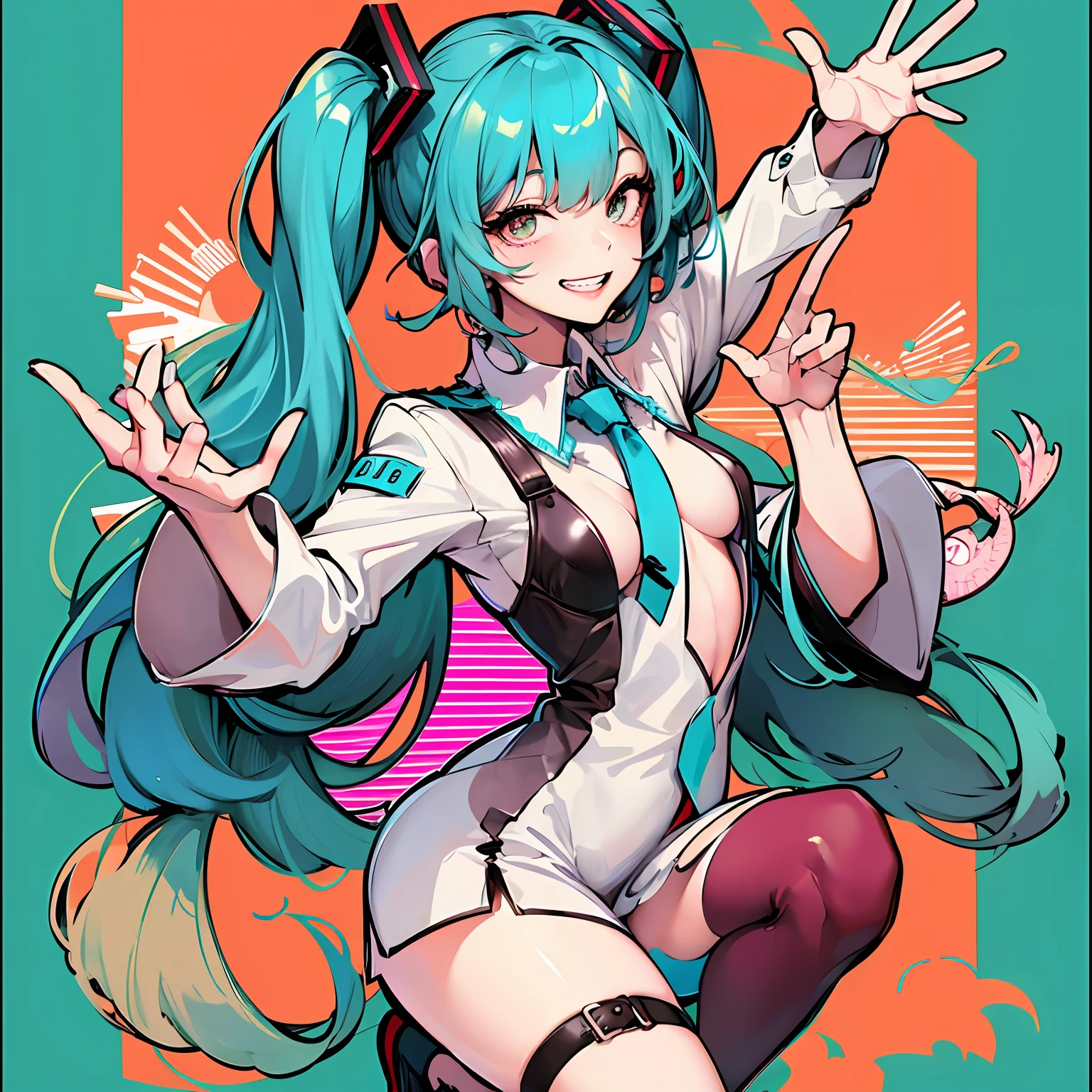 (masterpiece), (best quality),(miku),(border),(looking at viewer),1girl,(grin),happy,smile,small breasts,full body,dynamic pose,simple background