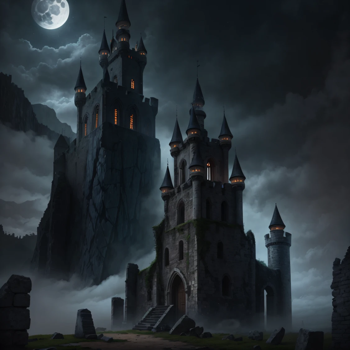 ,masterpiece, best quality,8k, ultra highres,Half-forgotten castle ruins,When night falls,Starlight illuminates the ruins like daylight。A dilapidated and tall stone tower stands in the center of the castle,In the moonlight,The crystals set on the stone tower began to emit a shimmering light,Gradually, a huge magic rune formed。The castle is surrounded by an endless fog,This makes the ruins feel like they are in another mysterious dimension。 --auto