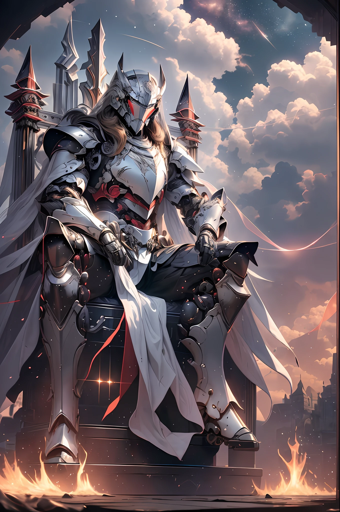 masterpiece, highly detailed CG unified 8K wallpapers, 8k uhd, dslr, high quality, clean, best illumination, ((a god in a black and white mechanical armor, sitting on the throne, godly aura, magical, in the sky)), glowing eyes, cinematic, ultra-high resolution, ultra-high detailed, high-definition,