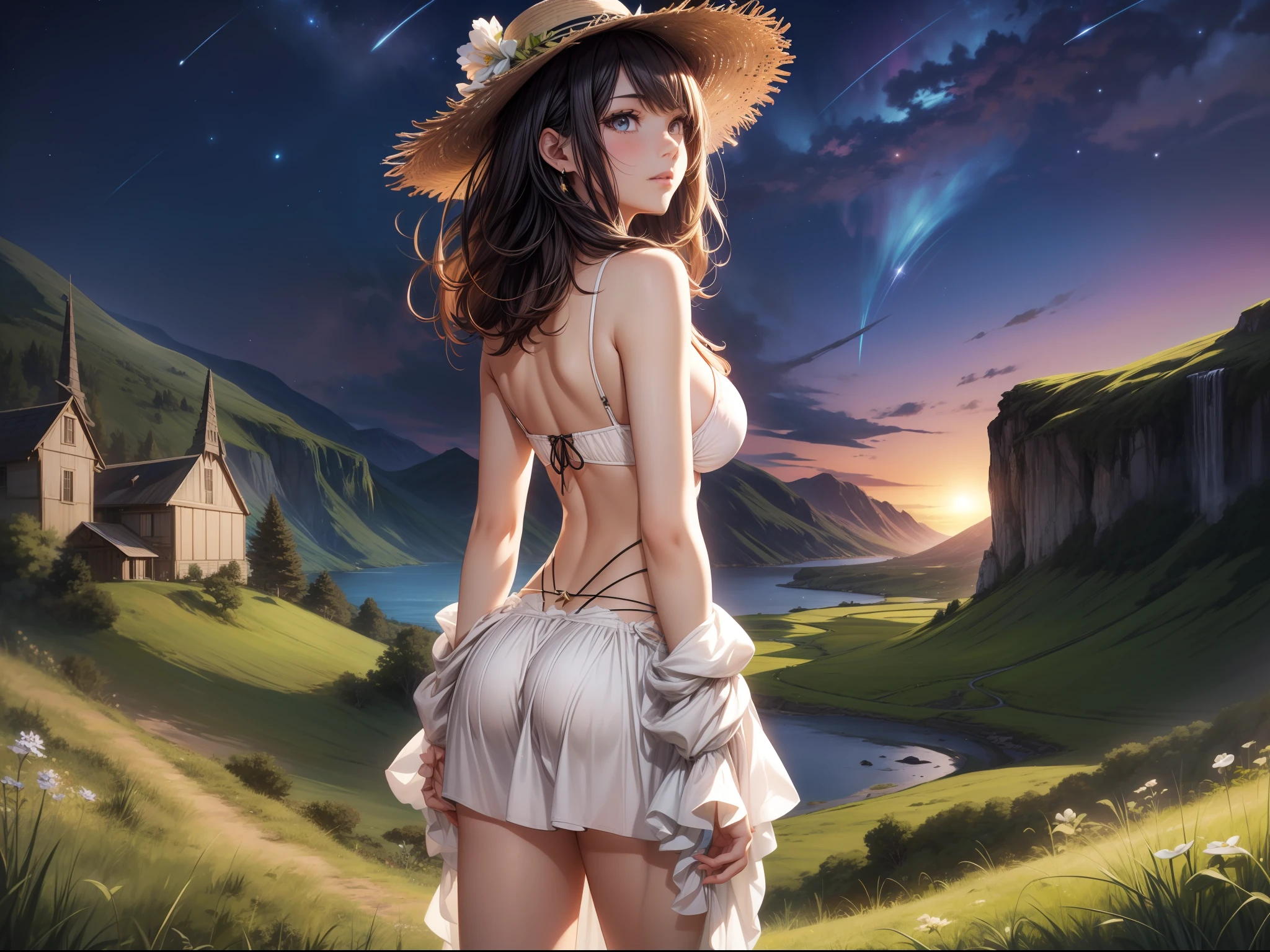 (巨作)、detailded、8K、((Full body back photo visible from head to toe))、Girl in micro bikini and straw hat、short dark hair、Colorful inner hair、Realistic and sharp details、with intricate details、Standing in the back of a meadow on a cliff near the sea, looking up at the ultra-beautiful and full view of multiple starry skies and galaxies.