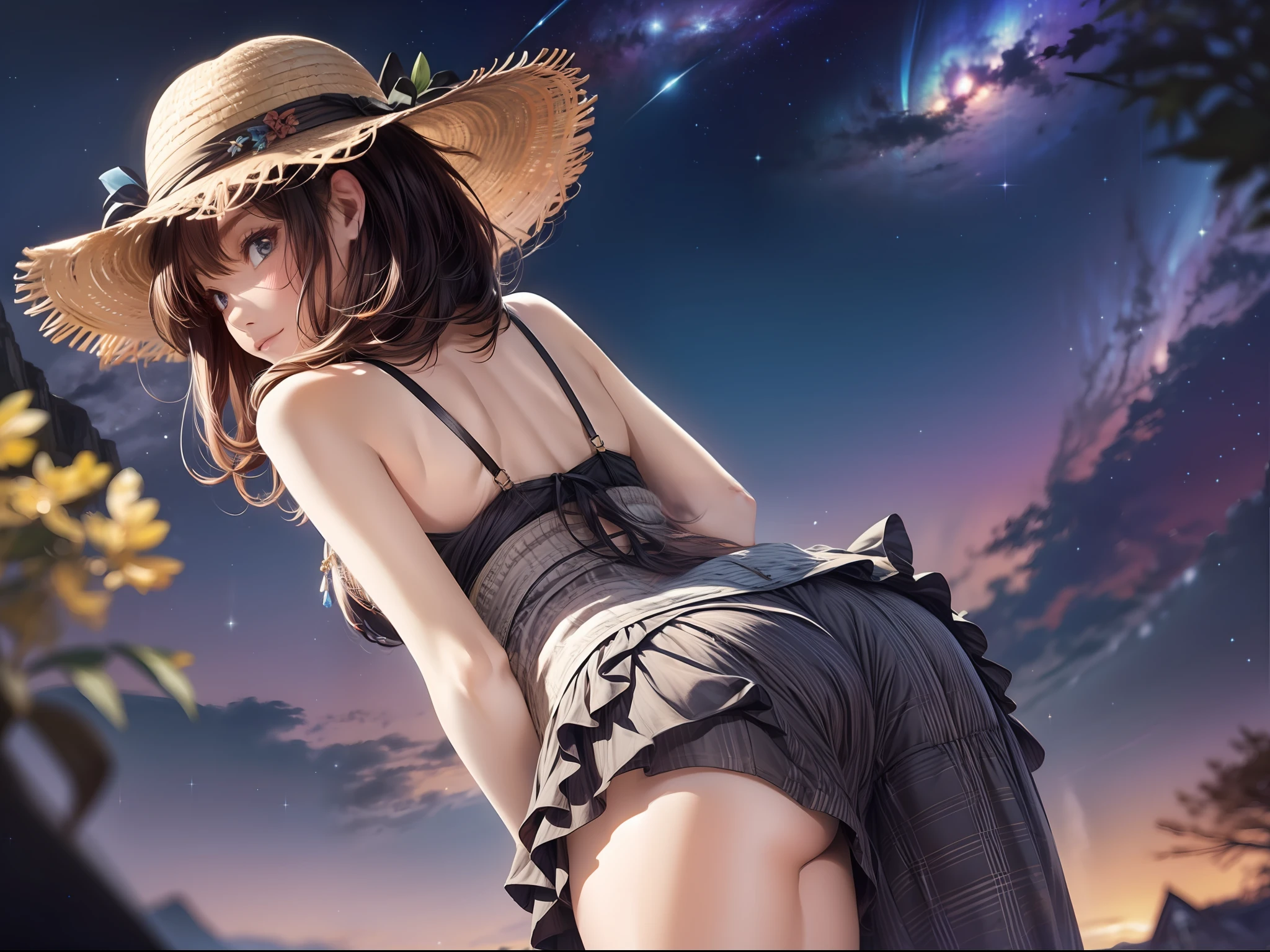 (巨作)、detailded、8K、((Full body back photo visible from head to toe))、Girl in micro bikini and straw hat、short dark hair、Colorful inner hair、Realistic and sharp details、with intricate details、Standing in the back of a meadow on a cliff near the sea, looking up at the ultra-beautiful and full view of multiple starry skies and galaxies.