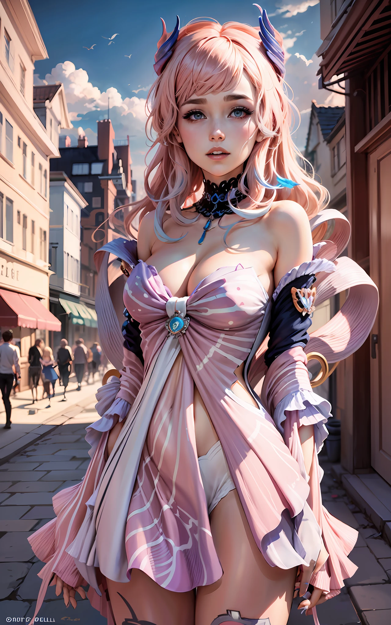 À la Fed image of woman with pink hair and pink dress, Salmon Pink Straight Hair, white hime cut hairstyle, anime girl in real life, Beautiful pink hair girl, Cute girl with pink hair, Straight salmon pink hair, With pink hair, with white long hair, Flowing pink hair, with long white hair, Long flowing pink hair, belle delphine，amaranth，Against the backdrop of the world's most famous scenery，Seductive chest，Cleavage small breasts