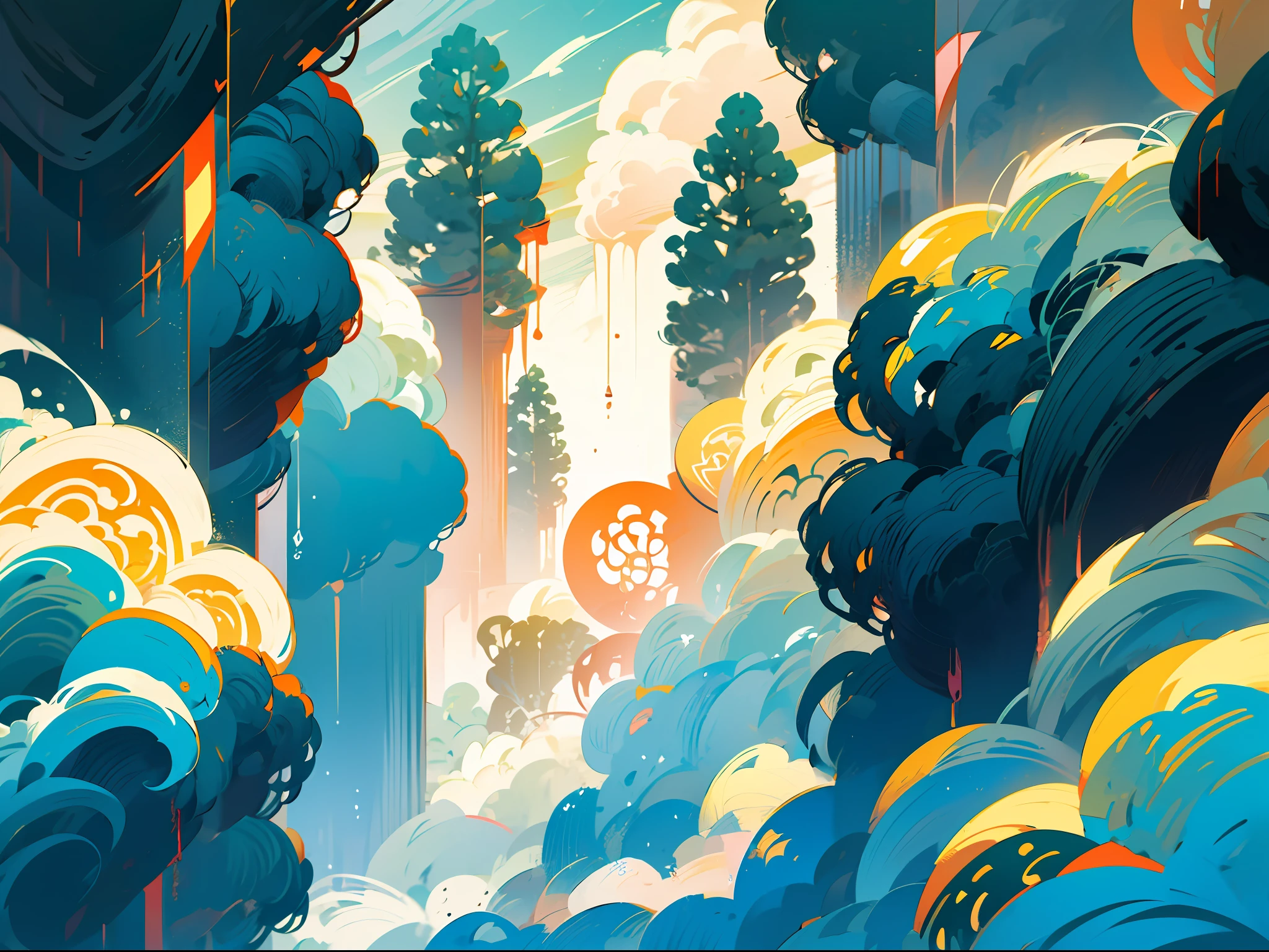 (Chinese landscape), abstract painting, (Zen, Amy Sol style), (spring, rainy days, terraces, mountains), cover art with light abstraction, simple vector art, contemporary Chinese art, color gradients, soft color palettes, layered forms, whimsical animation, style Ethereal abstract, 4K, --v6