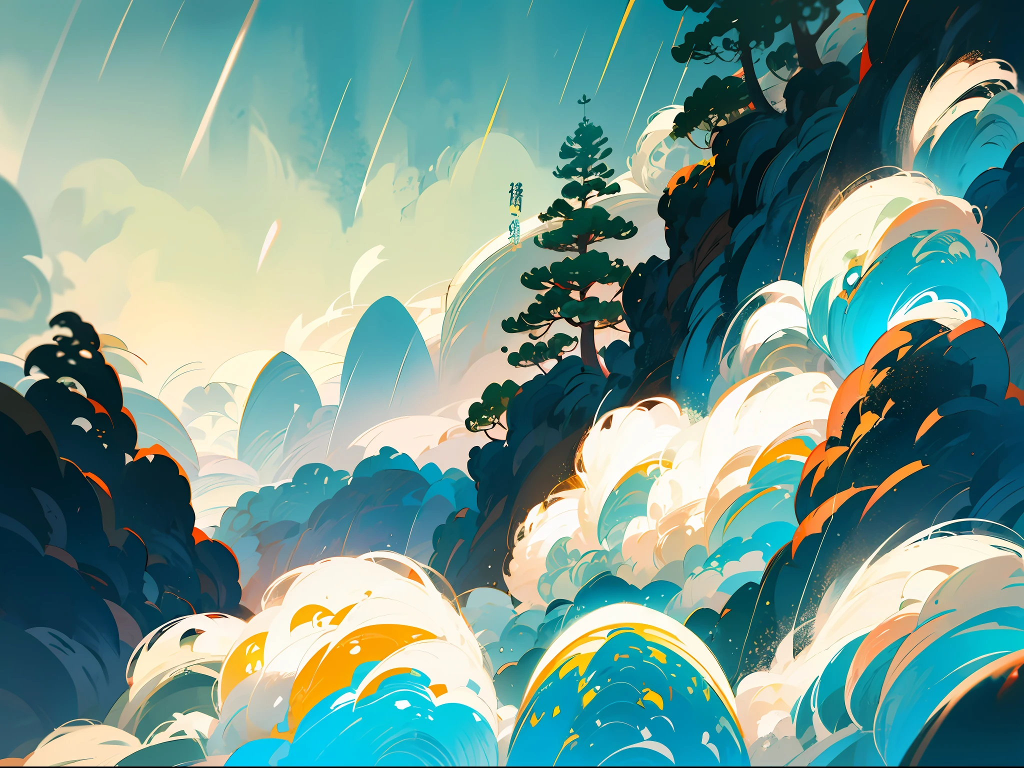 (Chinese landscape), abstract painting, (Zen, Amy Sol style), (spring, rainy days, terraces, mountains), cover art with light abstraction, simple vector art, contemporary Chinese art, color gradients, soft color palettes, layered forms, whimsical animation, style Ethereal abstract, 4K, --v6