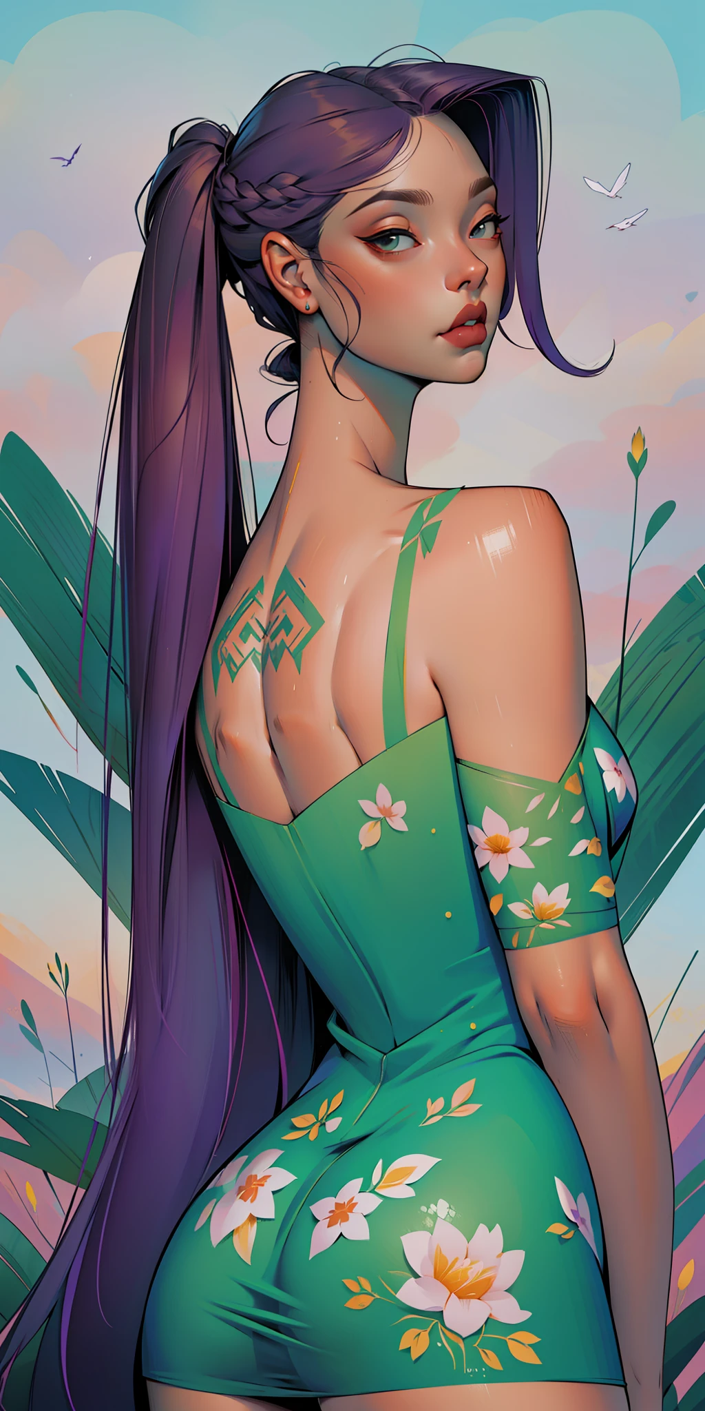 A glorious sunrise, Spectrum of the rainbow, Happy, cozily, mentally, Romantic, Background, in chic lavender white purple mint hair, mixed-language_SMS, (beautiful and clear background:1.2),, fantastic paintings ,graffit style, olhos altamente detalhados , Underwear, lace, latex, Long pigtails, braid, Long Hair, cool hairstyle, Flora Print, Birds, Plants, sweets, tattoo, Loving, Love, ultra detailed hair, Masterpiece, Best Quality, hig quality, high-resolution, detail enhancement, ((most beautiful image in the world)), Masterpiece, Best Quality, hig quality, high-resolution, detail enhancement, ((most beautiful image ), Shiny degraded hair, ultra chic Stampa Flores dress, tights in a mesh,, art by stjepan sejic, art by j scott campbell, art by guillem march, art by citemer liu, 4k, high-resolution, comic book character, comic, high quality detailed, style of ::2.0 comix illustration style,tatoon style, hig quality, high-resolution, detail enhancement, 8K, HD, Best Quality, hig quality, high-resolution, detail enhancement, 8K, HDR, Sharp focus, Ultra Detailed, Perfect lighting, Curvy Body, Lush breasts, Curvy hips