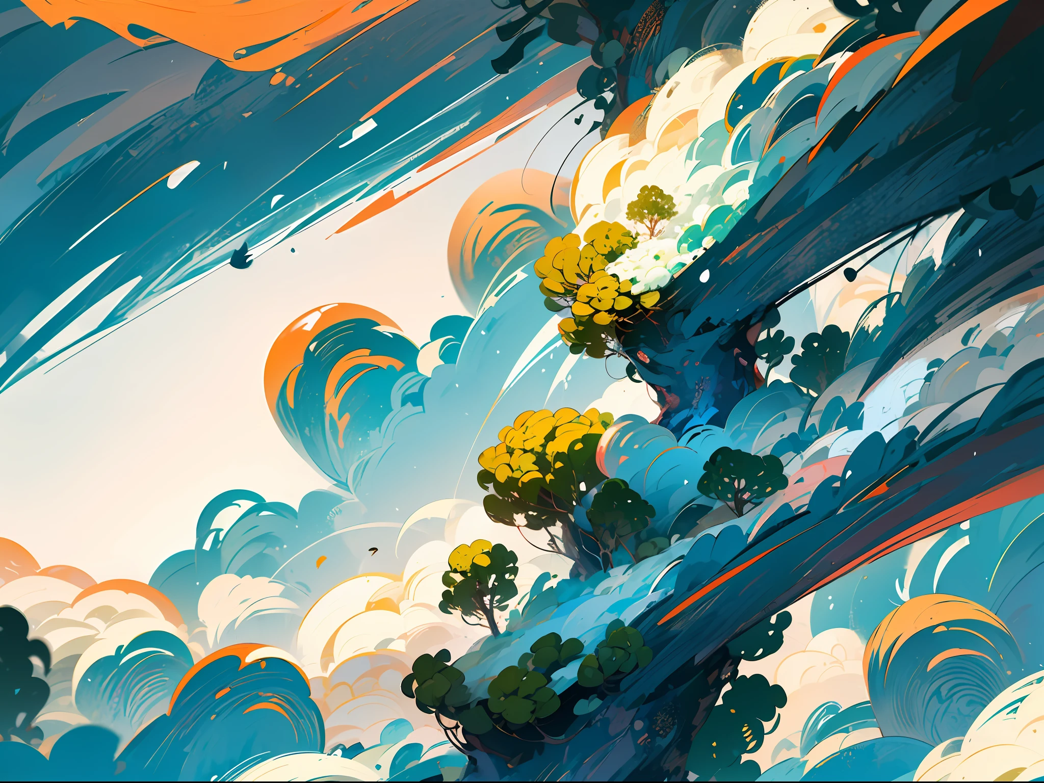 (Chinese landscape), abstract painting, (Zen, Amy Sol style), (spring, rainy days, terraces, mountains), cover art with light abstraction, simple vector art, contemporary Chinese art, color gradients, soft color palettes, layered forms, whimsical animation, style Ethereal abstract, 4K, --v6