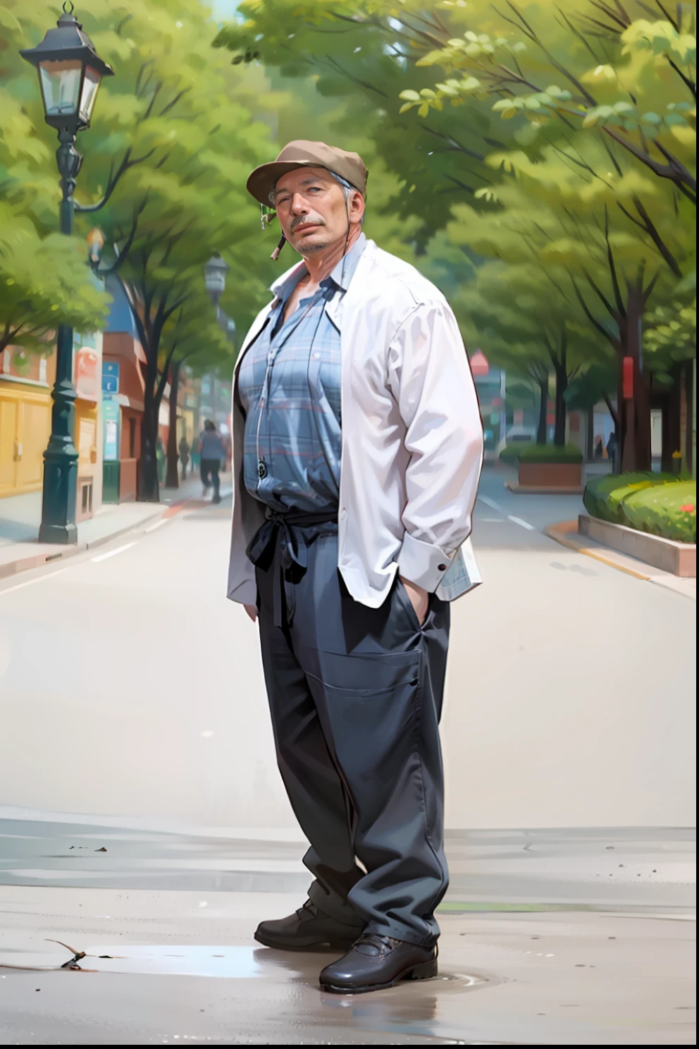 50-year-old man, sonríendo, Camera hanging from the neck, plaza publica
