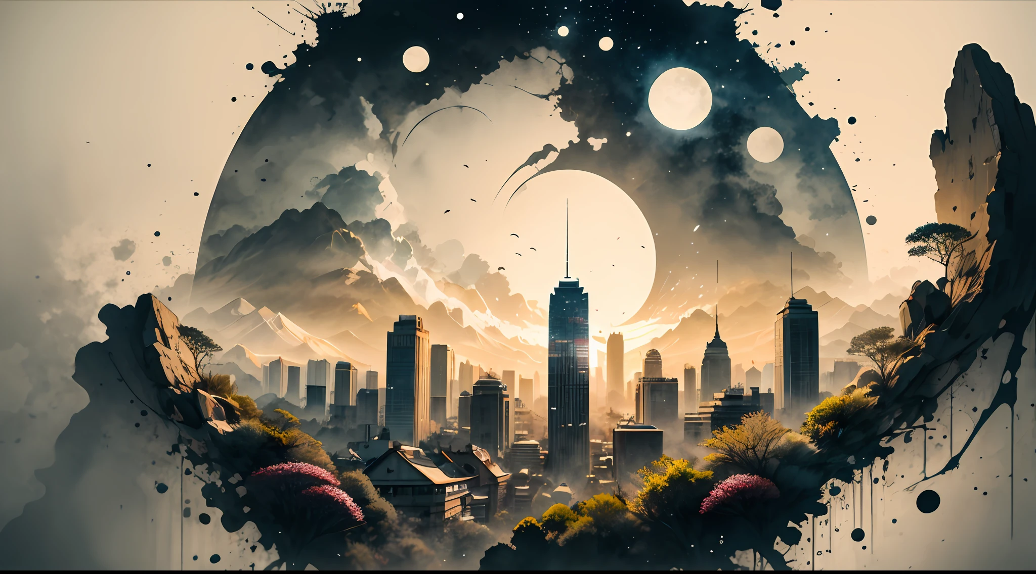 ecume,Jupiter,lune,tornade,orage,vent,Clowns,Absurde, high - resolution, ultra-detailed, , Broken, Design a beautiful temple scene, une architecture complexe, lush gardens and a sense of peace and spirituality. Broken, Broken, Designed with a fisheye effect image that captures a wide field of view with a unique curved viewing angle. Take a break to create skyline views in urban environments with panoramic cityscapes, Spectacular skylines and a sense of elevation. CASSER , illustrant les moments tendres entre parents et enfants, capturant leurs liens, leur amour et leur connexion. Broken, utilisant le pointillisme pour illustrer les images, carefully placed tiny dots of color to create a cohesive and visually stunning whole.