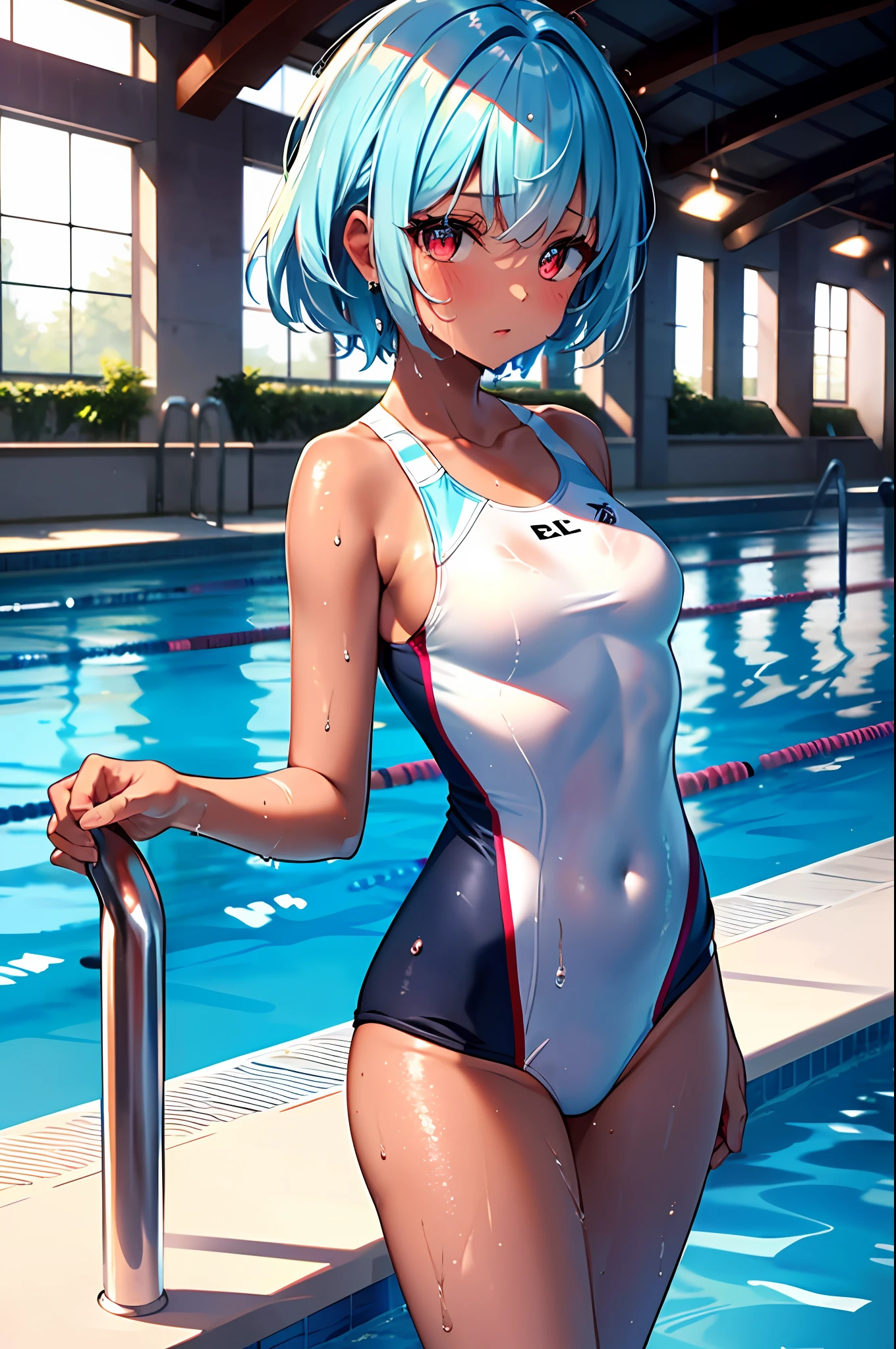 top Quality, masterpiece, Ultra-fine, very delicate 8k wallpaper, Transcendent Beautiful Girl, (Light blue shortcut:1.1), (a dark tanned skin), (scarlet eyes), Leanness, small tits, Constriction, the ribs, (Competitive swimsuit), Indoor swimming pool, (wet hair, Wet skin),