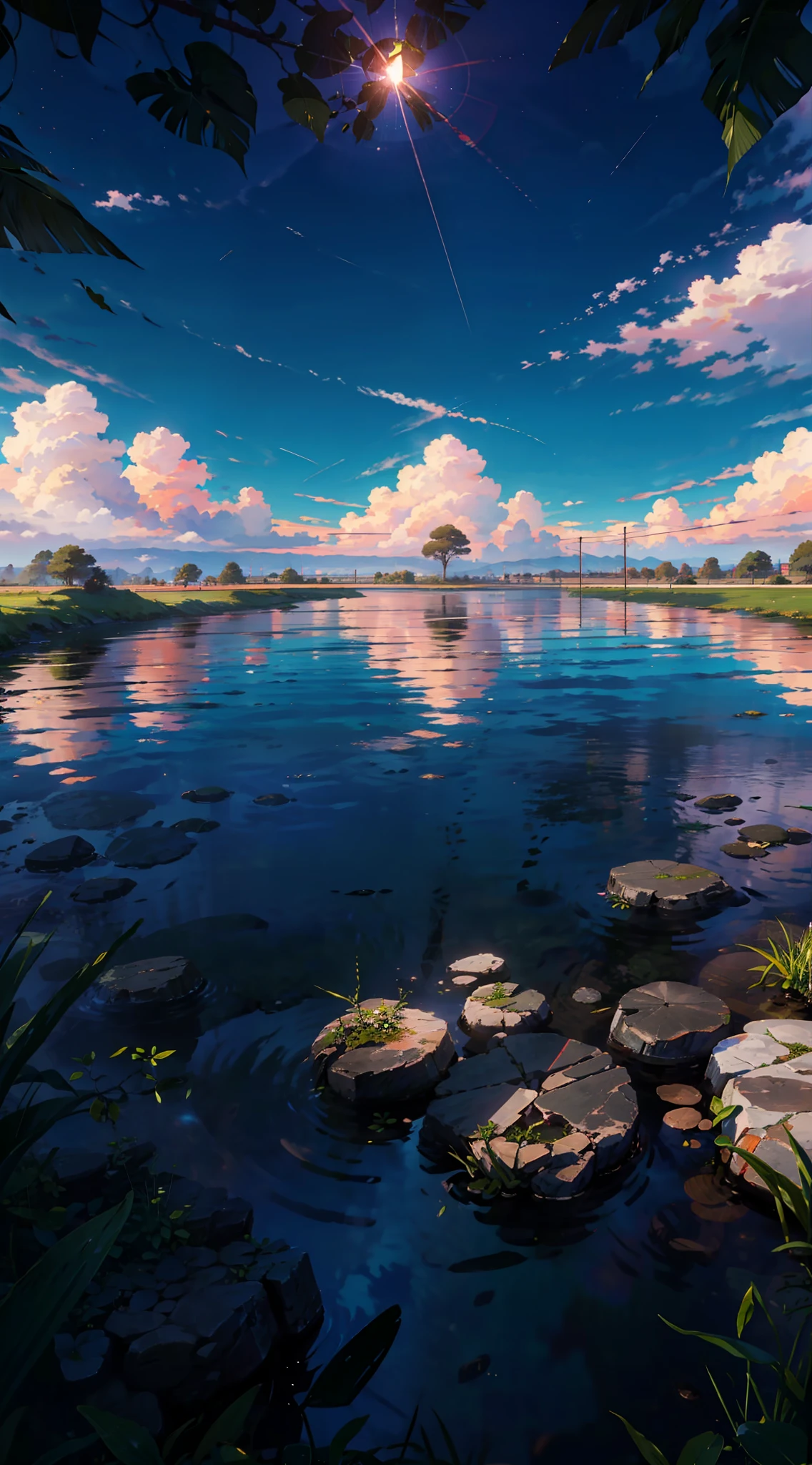Summer, White Clouds, Runway: 1.2, Tree, Shooting Star, Small Waterhole, Reflection, Shady, Sunlight, Wide Angle, Best Quality, 8K, Perspective, Depth of Field, High Resolution, Fine Detail, Ultra Detail, Sharp Focus