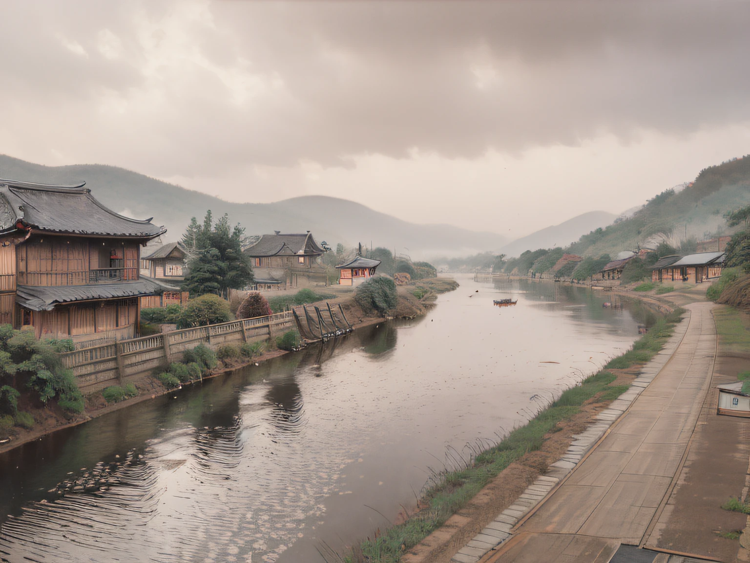 painted in oil, depicting a nostalgic and emotionally charged landscape. A serene river meanders through a Japanese village on a rainy day. The rich, textured brushstrokes capture every detail, while the soothing color palette evokes calm. The old village, with weathered wooden houses, bears witness to centuries of history. A bent fisherman casts his line patiently. Light filtered by rain creates a diffuse atmosphere
