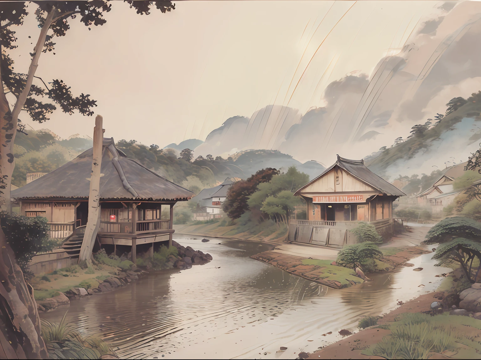 painted in oil, depicting a nostalgic and emotionally charged landscape. A serene river meanders through a Japanese village on a rainy day. The rich, textured brushstrokes capture every detail, while the soothing color palette evokes calm. The old village, with weathered wooden houses, bears witness to centuries of history. A bent fisherman casts his line patiently. Light filtered by rain creates a diffuse atmosphere