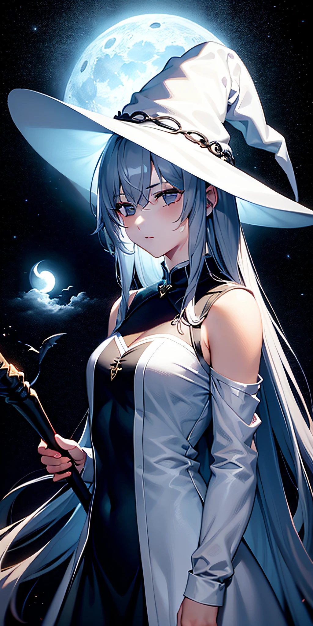 1girls,(Tattered clothes:1.1),Long white hair, (White stockings:1.1),white large witch hat,Witch costume, Ride broomstick, fantasy,(Light:1.3),Dark theme,magic,Moon,Upper body,