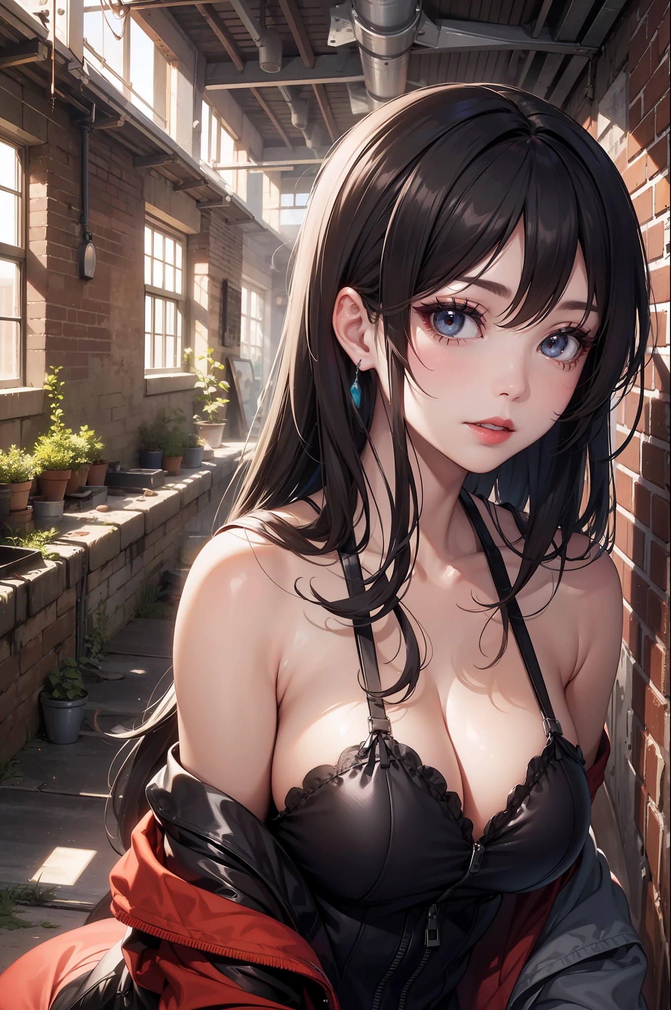 Top image quality Original Characters、Black long hair、Fancy eyeshadow、Sexy makeup、Rusted tracks in an old brick engine shed、RED dress、Glossy red lip gloss、Volume Lighting、truck