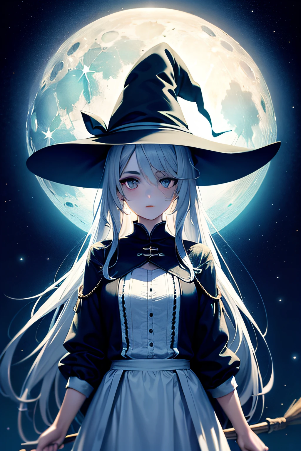 1girls,(Tattered clothes:1.1),Long white hair, (White stockings:1.1),white large witch hat,Witch costume, Ride broomstick, fantasy,(Light:1.3),Dark theme,magic,Moon,Upper body,