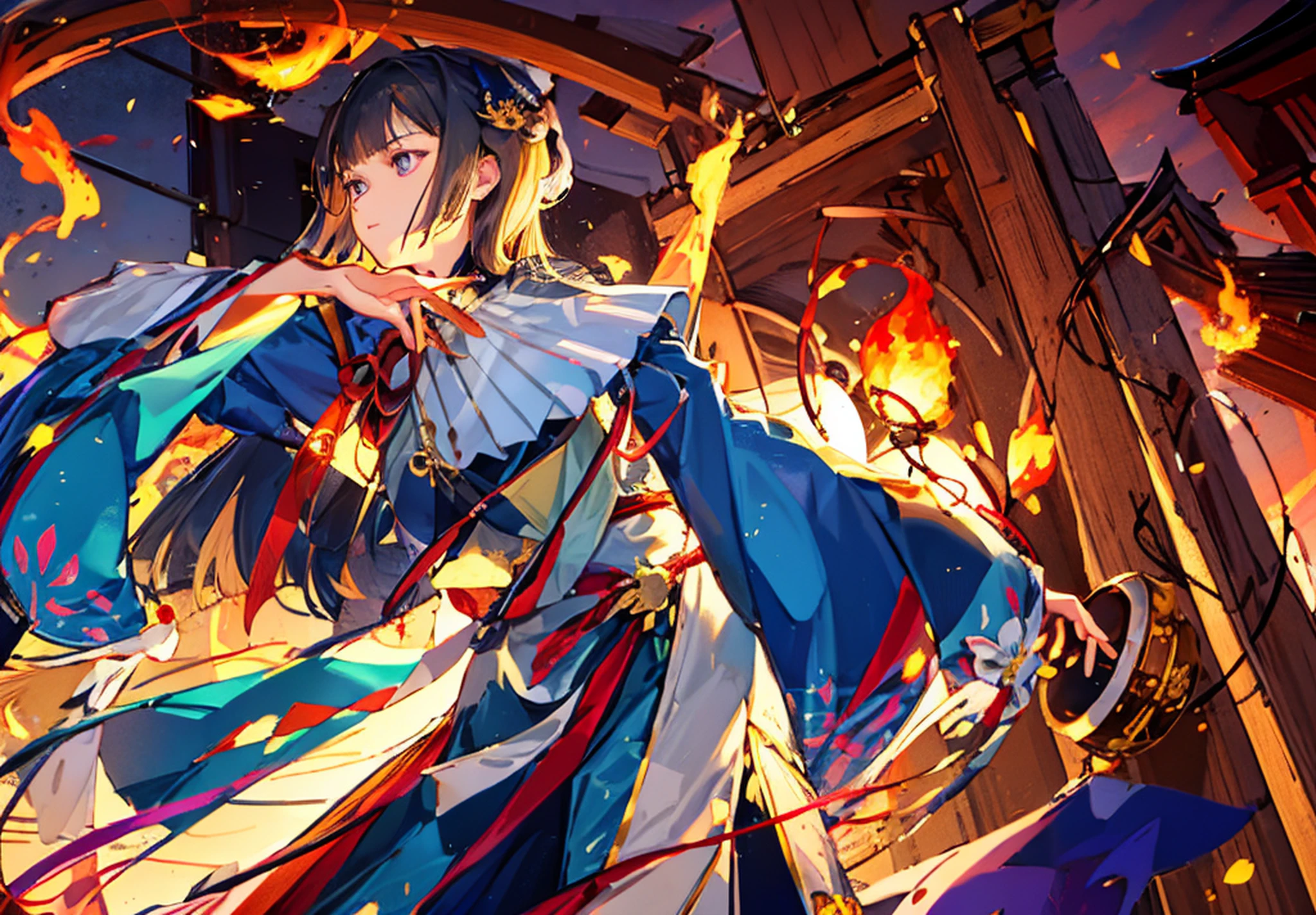 a drawing,A beautiful Japanese witch,Wearing a shrine witch costume,Dancing。Behind her is a shrine,The moonlight shines。A flame burned around her,with rich details