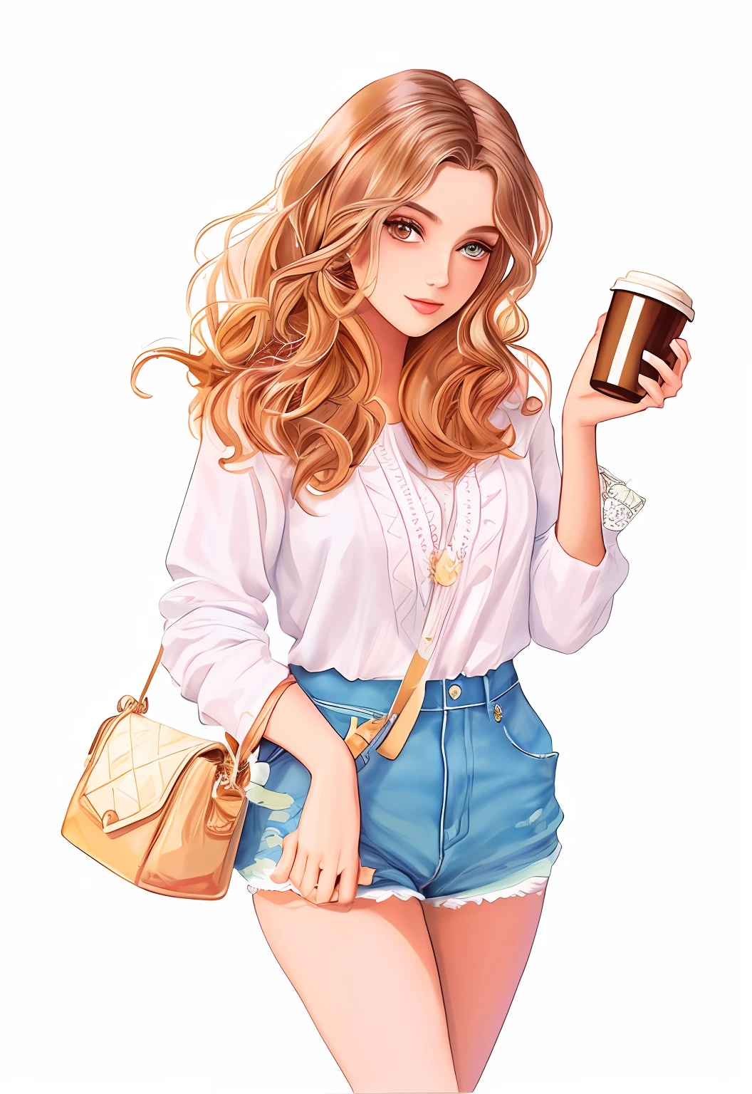 a woman with a cup of coffee and a bag of donuts, Estilo de desenho bonito, ilustration!, Direction: Nandor Soldier, pintura realista da menina bonito, fabulous illustrations, detailed fashion illustration, mulher bonito, menina da beleza, estilo de desenho, fashion illustration, trending on artstration, amazing food illustration, belas obras de arte, arte fofa, arte bonita