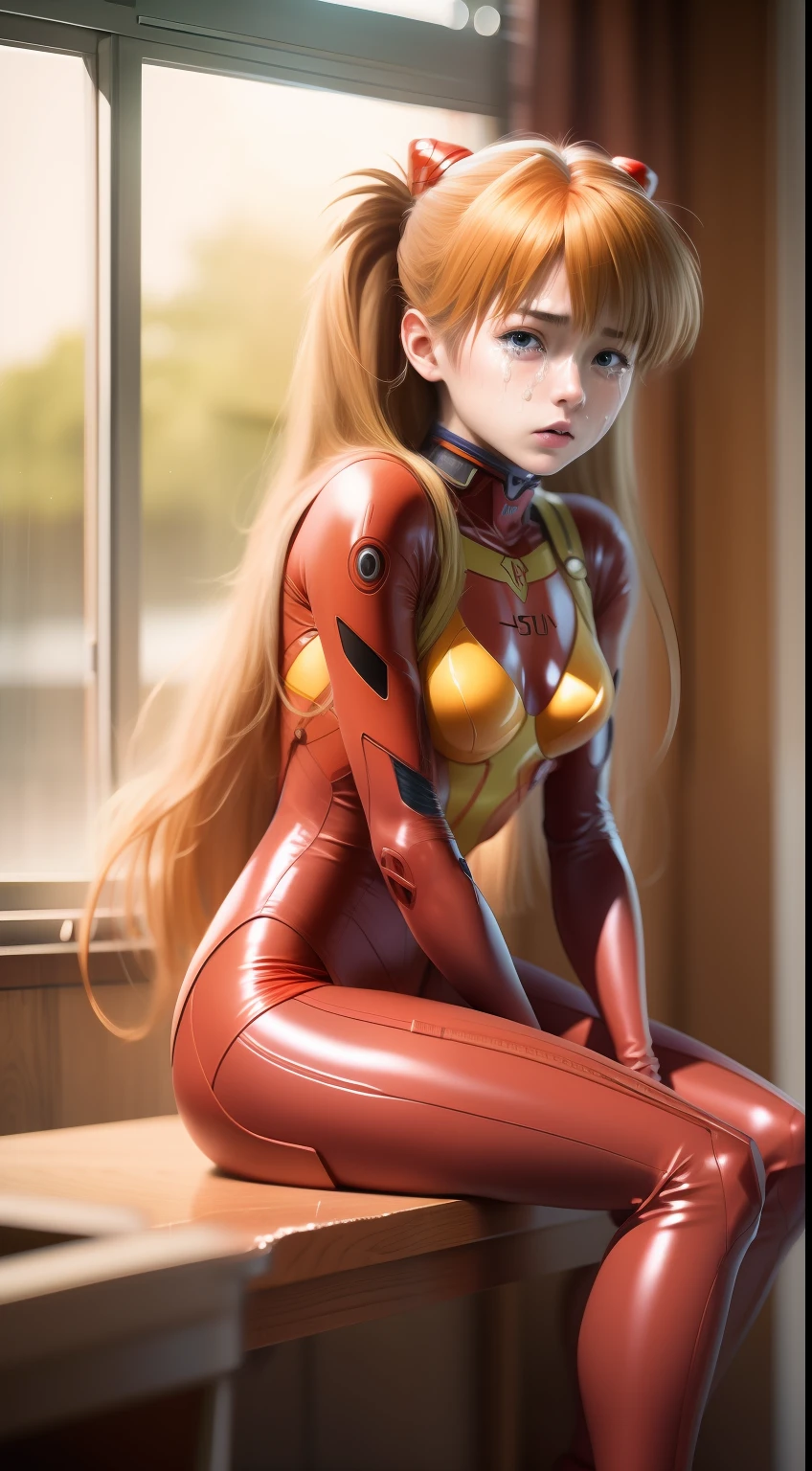 asuka langley ,巨作, Best quality,,Cry,Sit on your knees,classroom,plugsuit,chinese，1girl