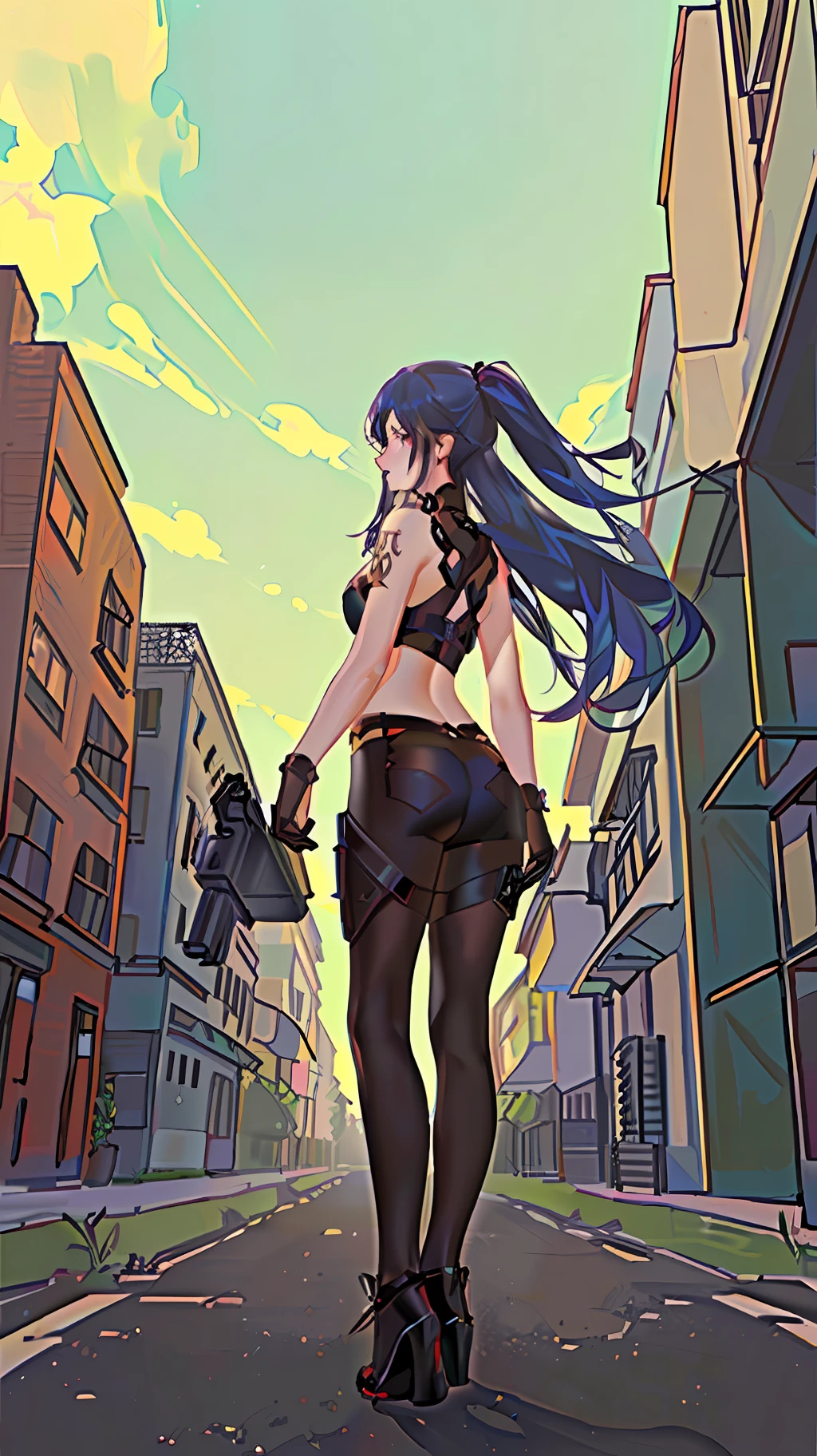 gal girl,blue long hair,Mechanical feel,cyperpunk,Side rear,arma,Background city building