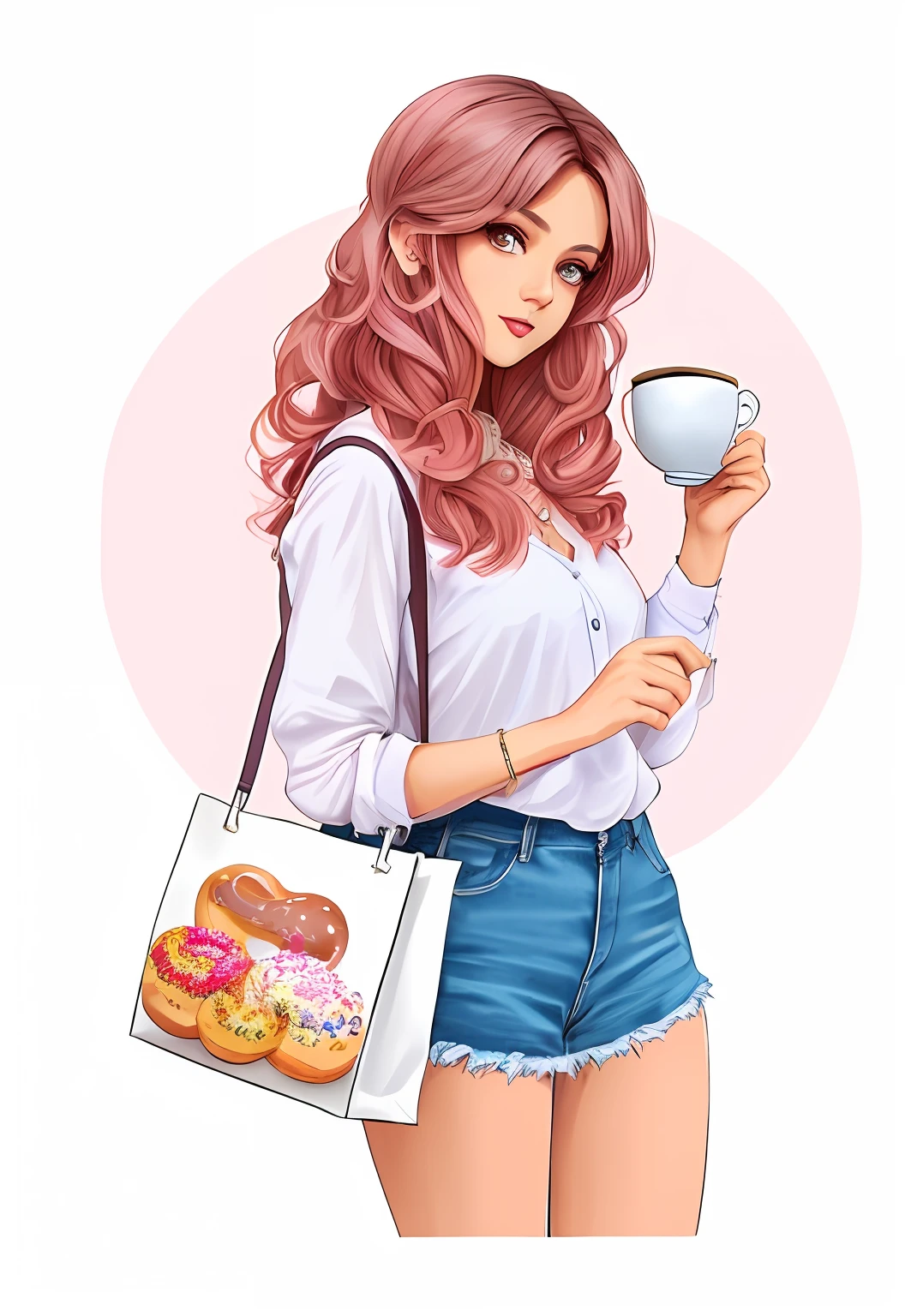 a woman with a cup of coffee and a bag of donuts, Estilo de desenho bonito, ilustration!, Direction: Nandor Soldier, pintura realista da menina bonito, fabulous illustrations, detailed fashion illustration, mulher bonito, menina da beleza, estilo de desenho, fashion illustration, trending on artstration, amazing food illustration, belas obras de arte, arte fofa, arte bonita