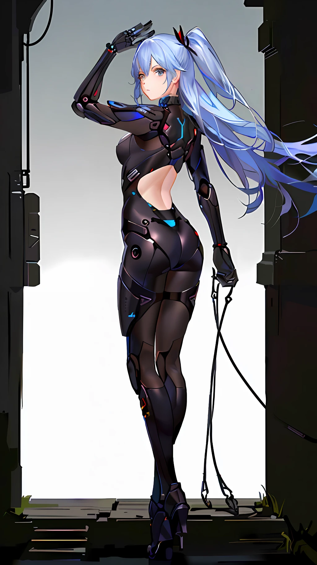 gal girl,blue long hair,Mechanical feel,cyperpunk,Side rear,arma,Background city building