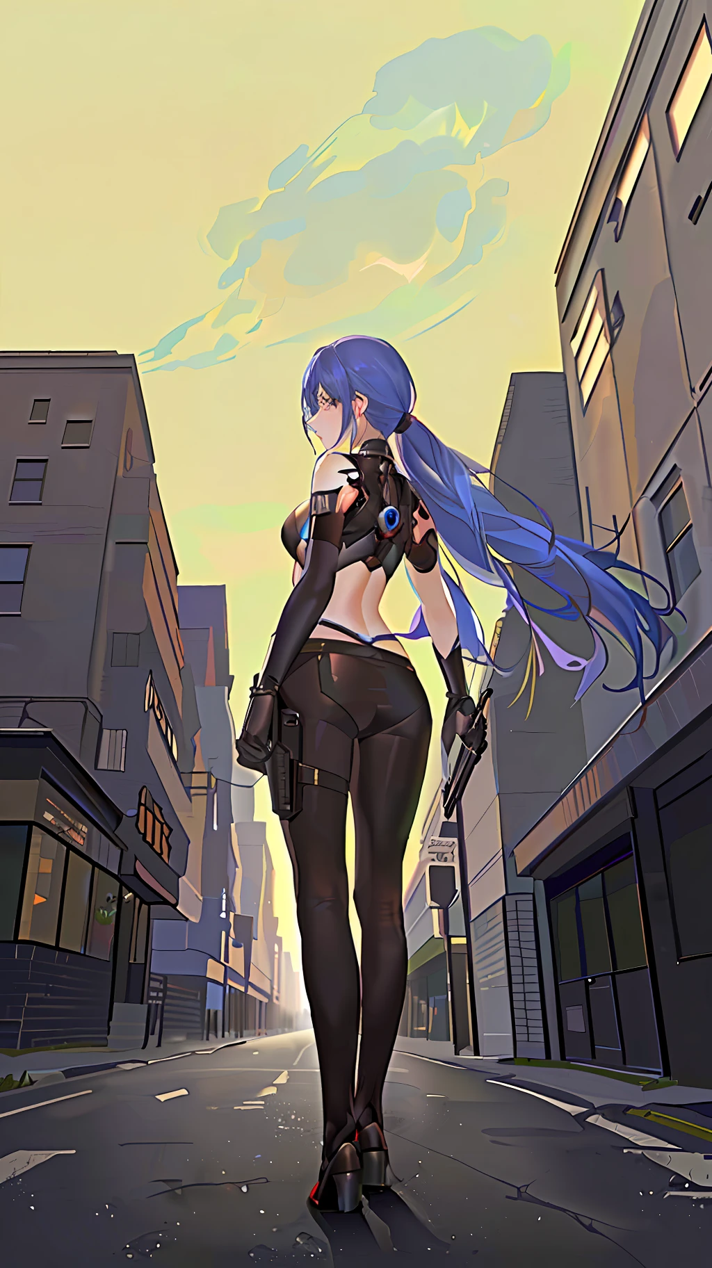 gal girl，blue long hair，Mechanical feel，cyperpunk，Side rear，arma，Background city building