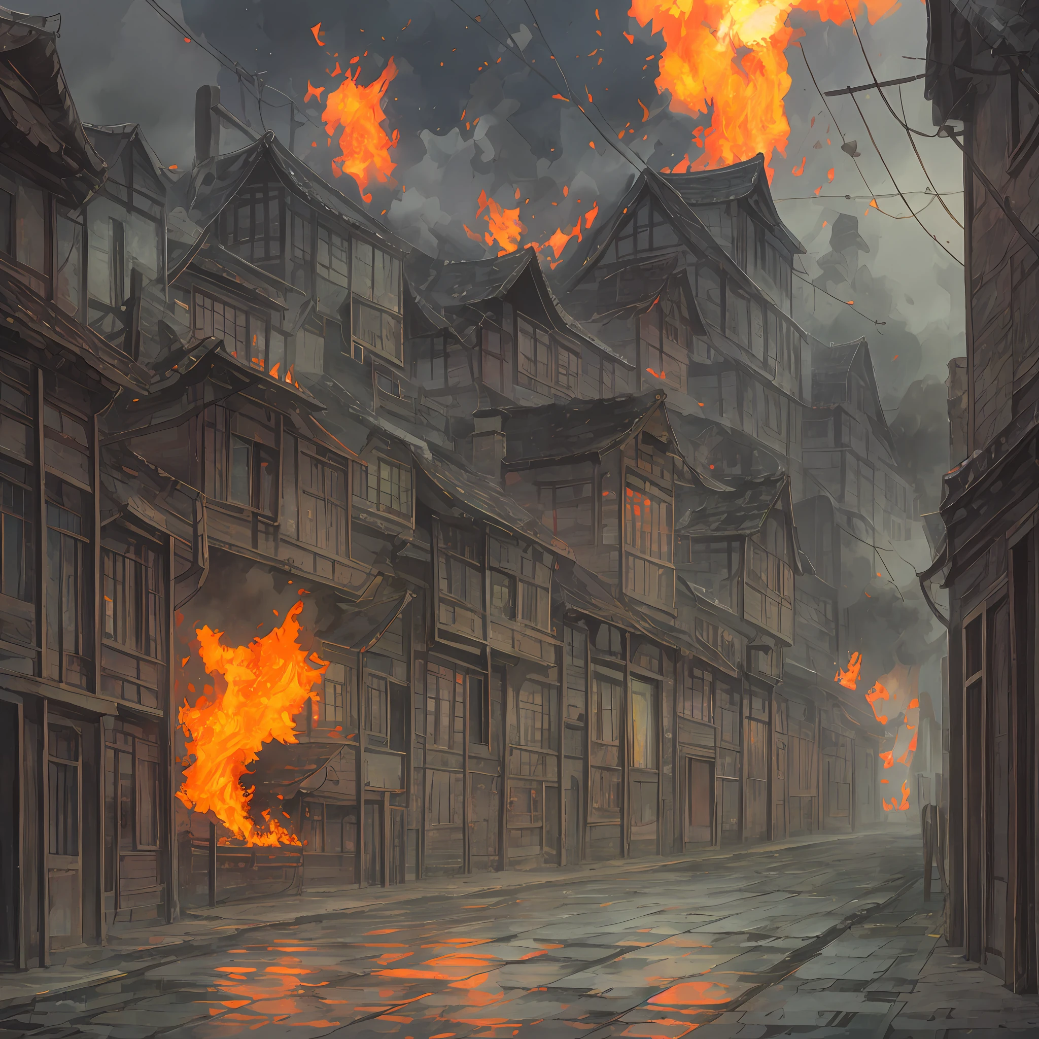 Chinese ancient city, gloomy, mysterious, horror, gloom, streets, ruins, flames, destruction, gloom, gray,