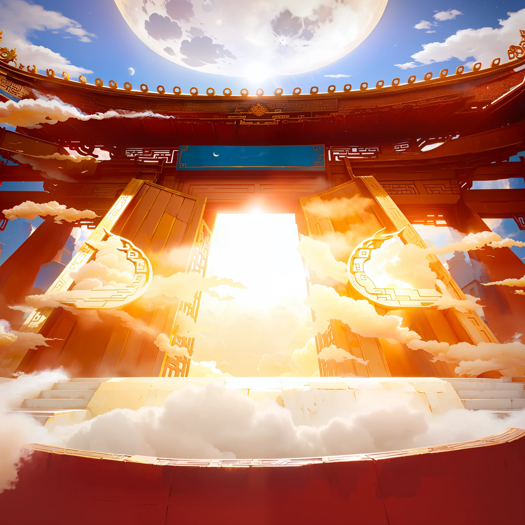 Fairy clouds, overlooking the composition, strong perspective impact, the gate of a Chinese-style building, the open gate, emitting golden light, some smoke and dust drifting, the blue sky in the background, the moon, and the steps in front