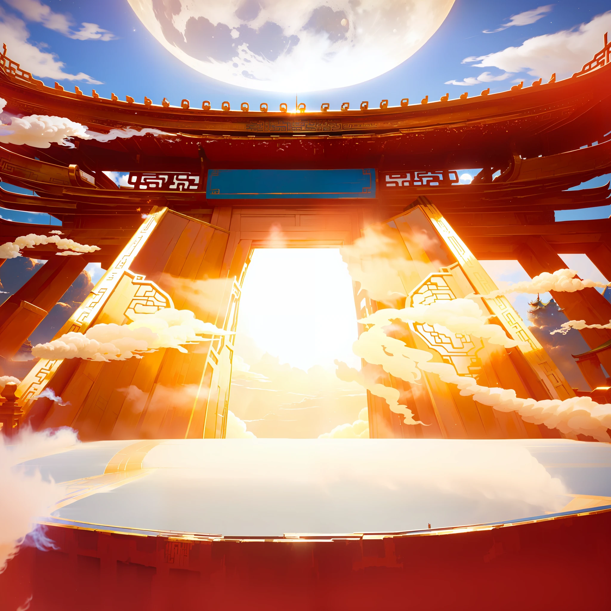 Fairy clouds, overlooking the composition, strong perspective impact, the gate of a Chinese-style building, the open gate, emitting golden light, some smoke and dust drifting, the blue sky in the background, the moon, and the steps in front