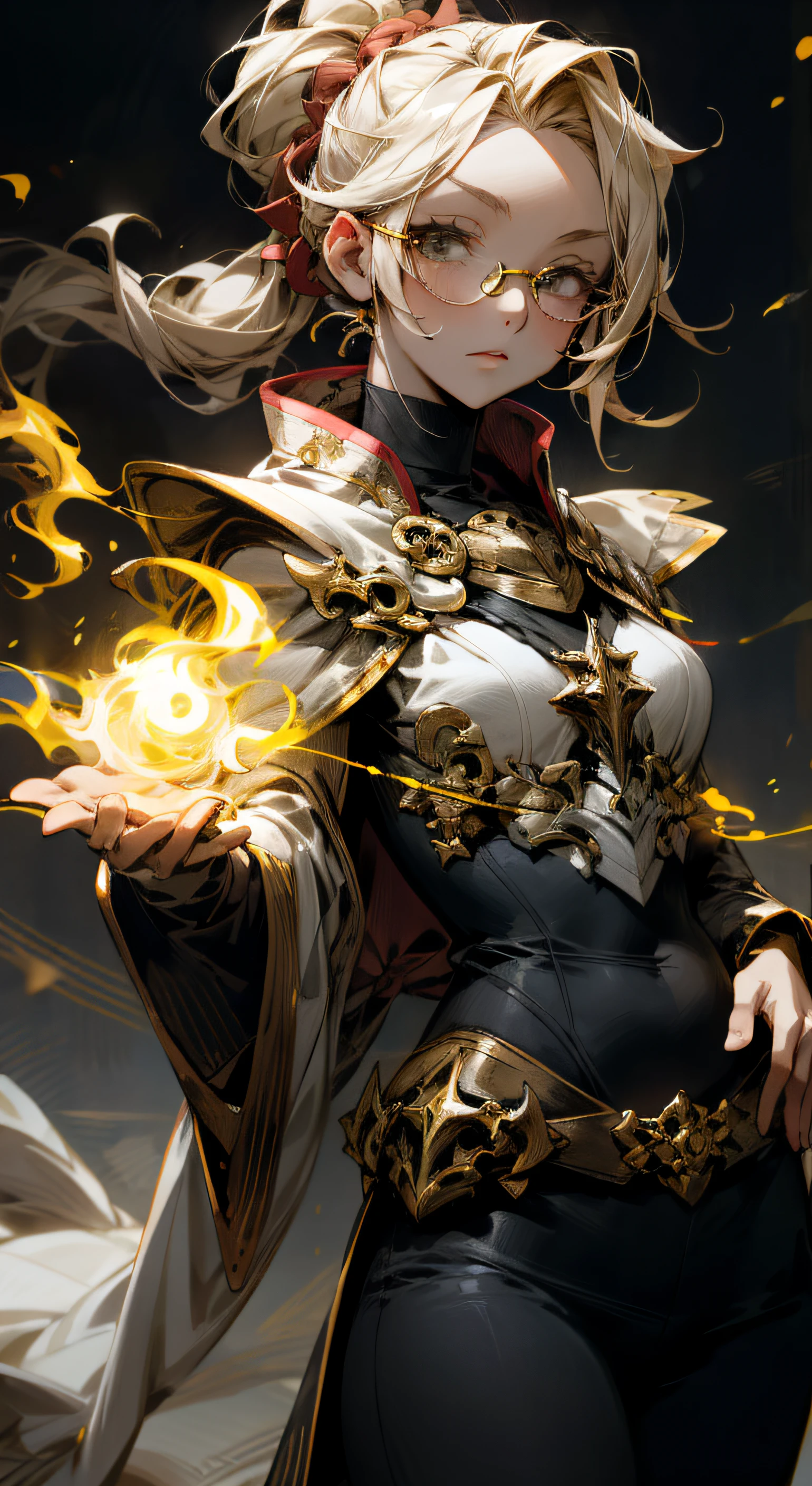 Woman, louro, anime, feiticeira, hiper-realista, Conjurando Magia do Fogo, wears glasses, hair tied back, seios cheios. olhos dourados. olhando pra cima.