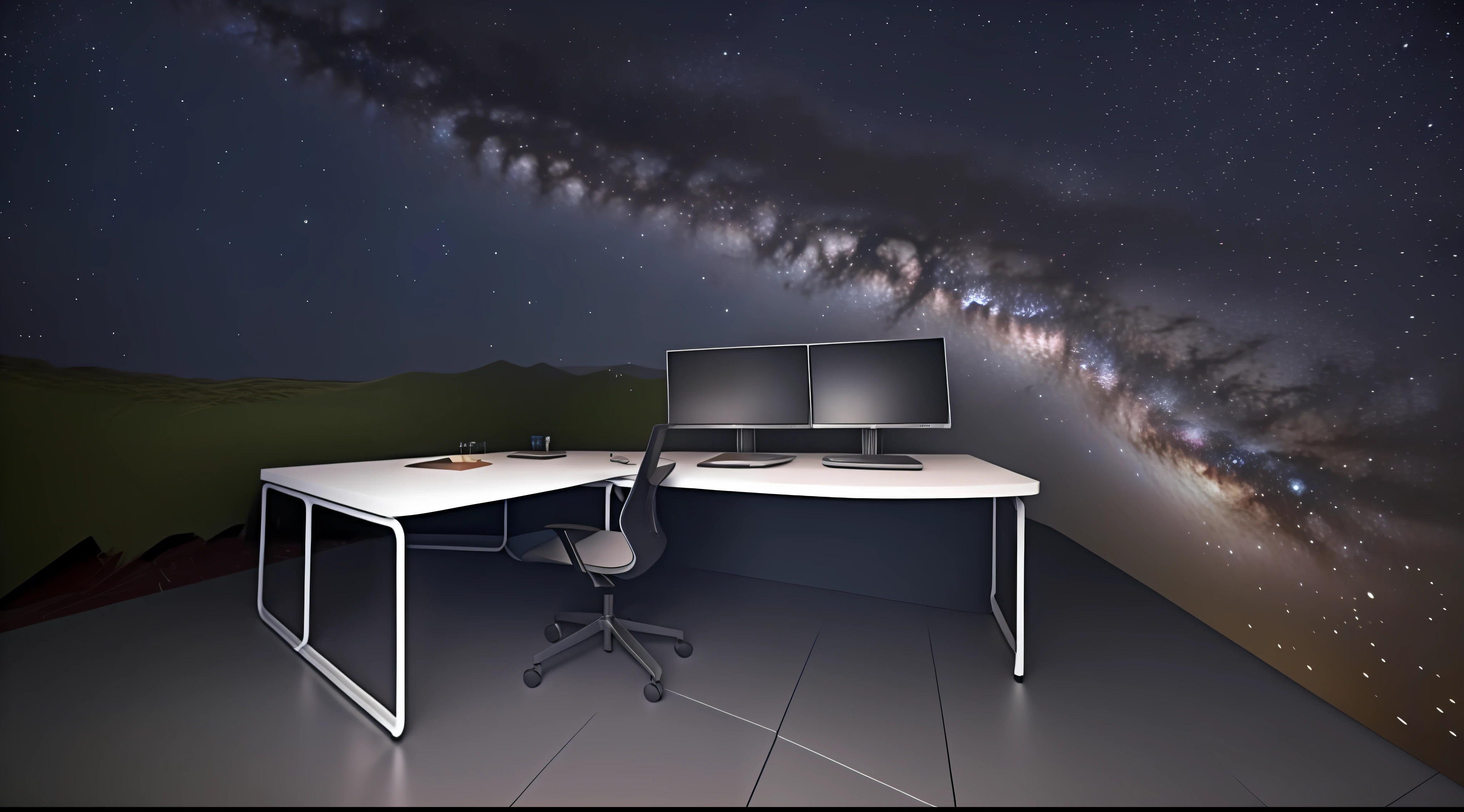 （8K，RAW photos，best qualitiy，杰作：1.2），（逼真，photo realistic：1.37），Underground，In the lab，sense of science and technology，desks，Holographic projection，the Milky Way