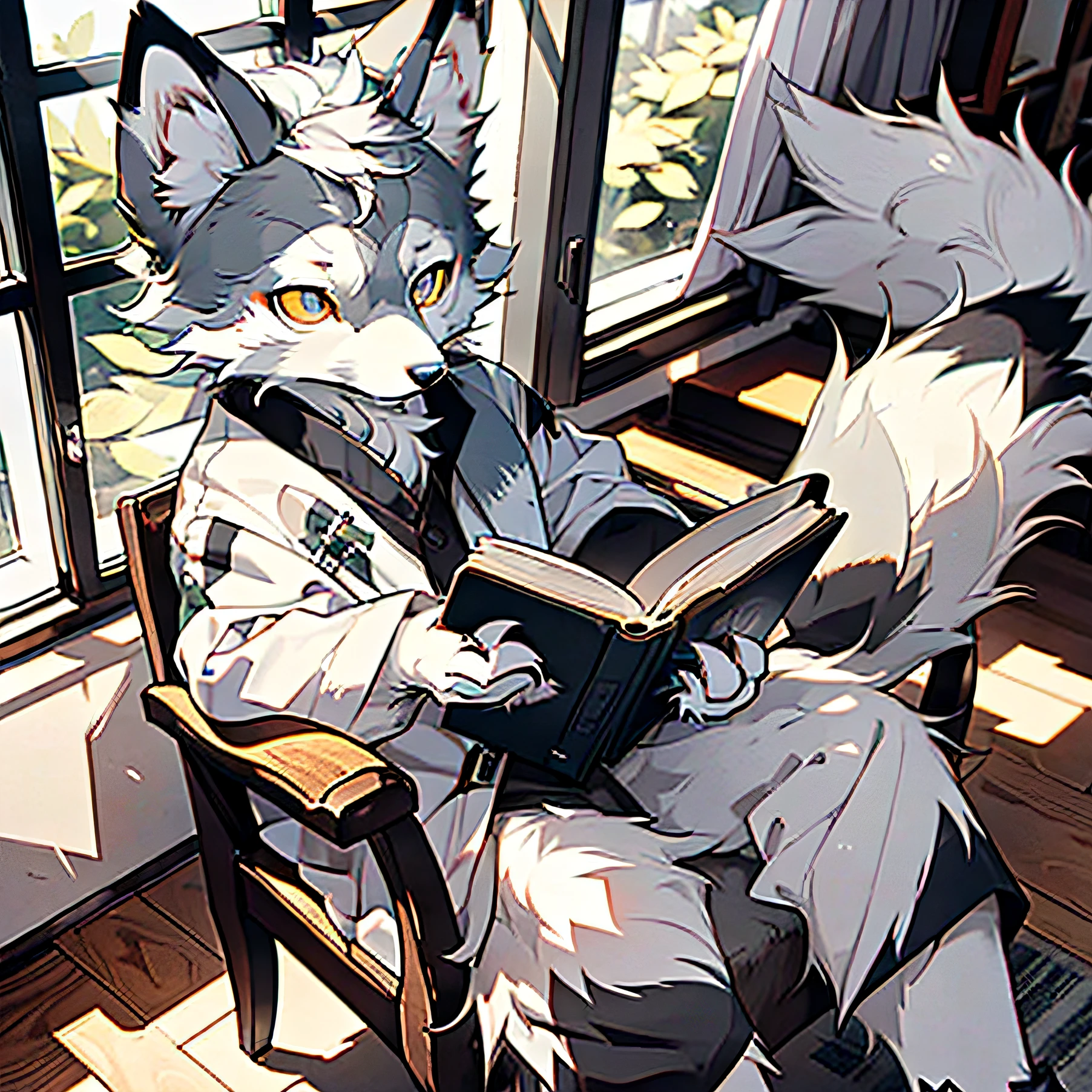 high detail, hyper quality, high resolution, 1080P, solo, furry, (male arctic fox: 1.5), (gray fur: 1.3), gray skin, gray ears, golden eyes, sharp claws, (fluffy tail: 1.2), sitting in chair reading a book, in the room, natural lighting, detailed background
