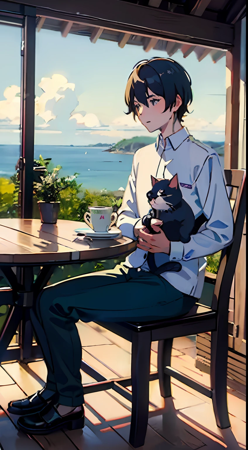 In a cottage on a high hill overlooking the sea、Sitting in a rocking chair in a white shirt and pants、A 30-year-old man brews coffee while holding a cat in his lap、zori