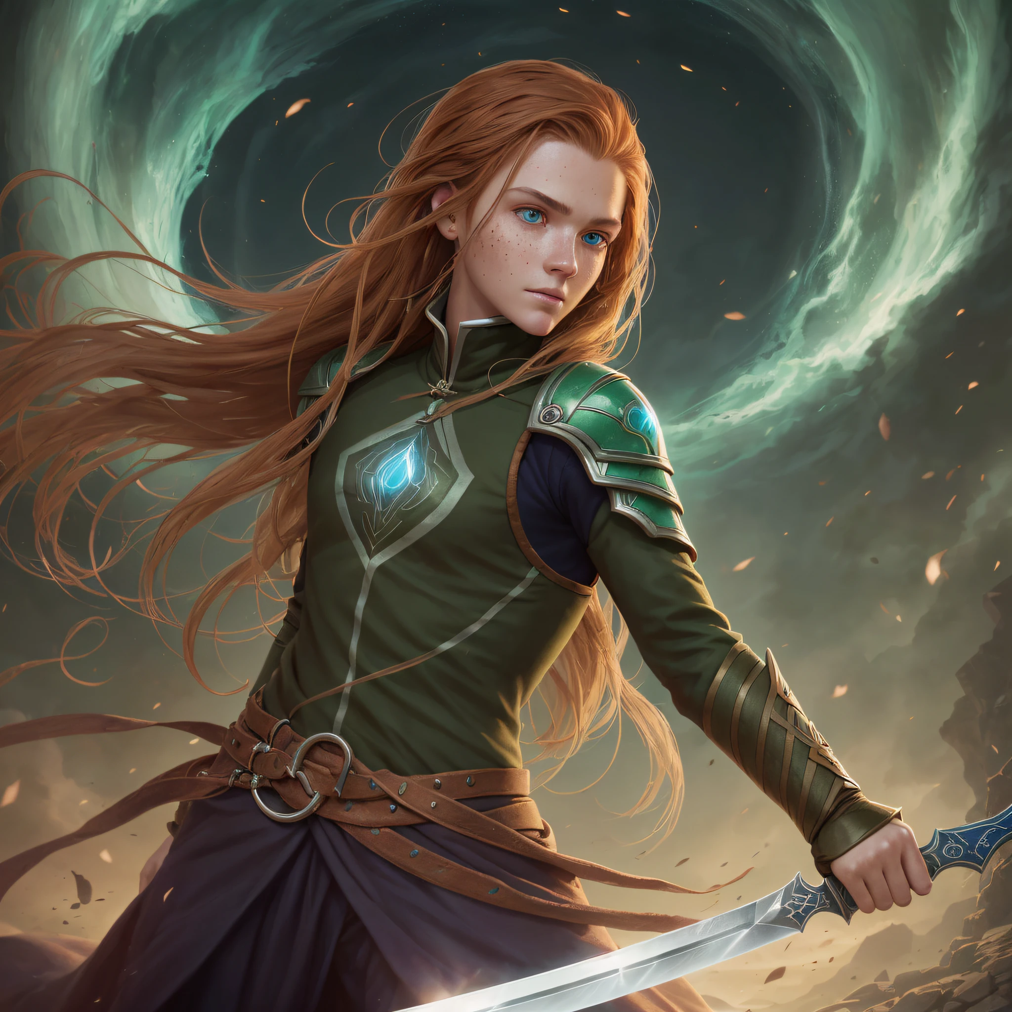 (best quality, CG unity, ultra-detailed, portrait of Shallan from the Stormlight Archive), ((left hand wearing a thin glove)), green eyes, holding a Shardblade, delicate lighting, subtle gradient background, light freckles on her face, size of the right iris the same as the left iris