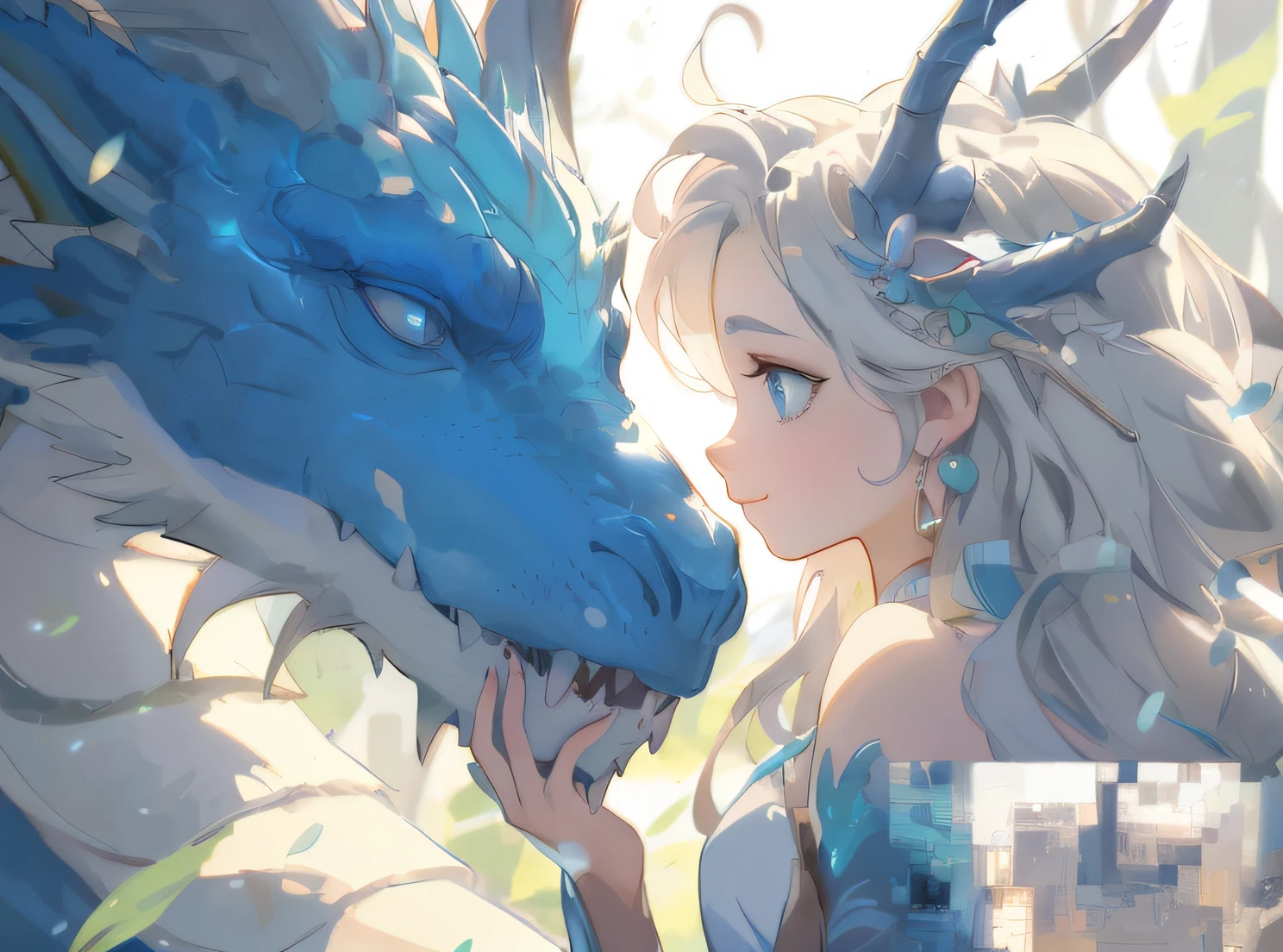 anime girl with blue dragon head and white dress, Detailed digital anime art, Detailed anime artwork, trending on artstation pixiv, detailed anime art, Artgerm and Atey Ghailan, the dragon girl portrait, Fantasy art style, Guwiz, highly detailed exquisite fanart, 8K high quality detailed art, by Yang J, Extremely detailed Artgerm,Fix the mosaic
