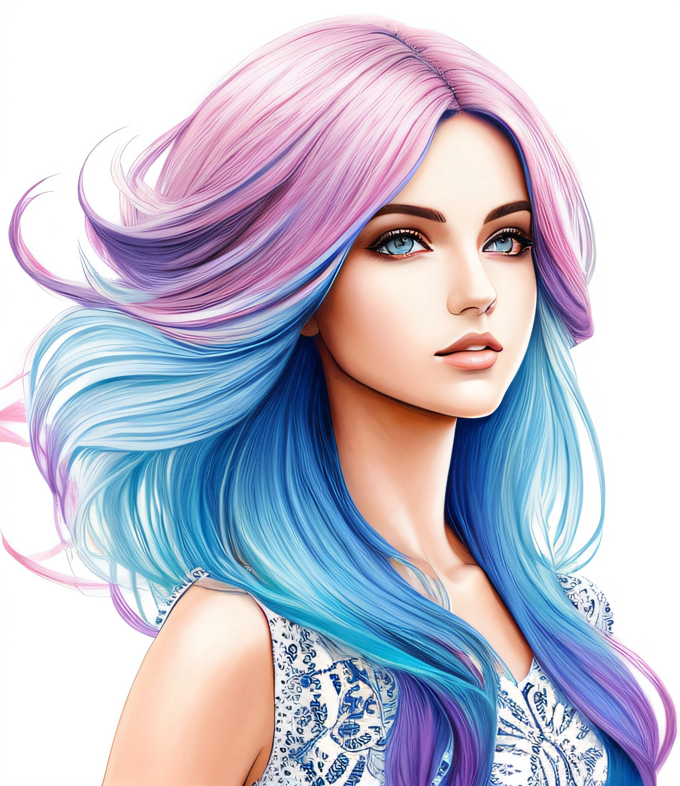 um desenho de uma mulher com longos cabelos rosa e uma borboleta, mixed media style illustration, azul. cabelo detalhado, estilo de arte bonito, detailed fashion illustration, cabelo longo violeta, aquarela artstyle, estilo de arte impressionante, colorfull illustration, RossDraw pastel vibrante, desenho colorido, cabelo rosa e azul, cabelos longos coloridos, air brush illustration, arte detalhada bonito