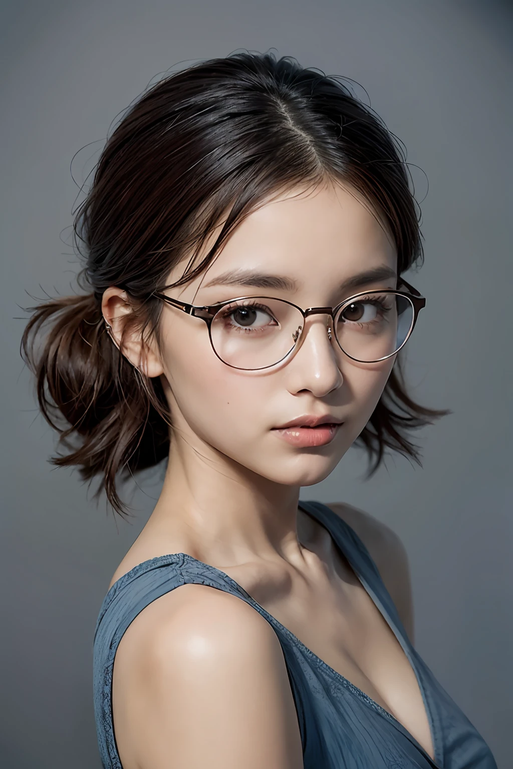 (Raw photography、best qualiy)、(Realstic、photorealestic:1.3)、anextremelydelicateandbeautiful、astonishing、finelydetail、The Masterpiece、Ultra-detail、high - resolution、(Best Shadows)、sharpening Focus、DSLR、hig quality、Fujifilm XT3、One woman with glasses、Blue tops、Upper Bust、eyewear、photos、aesthetics、looking the viewer