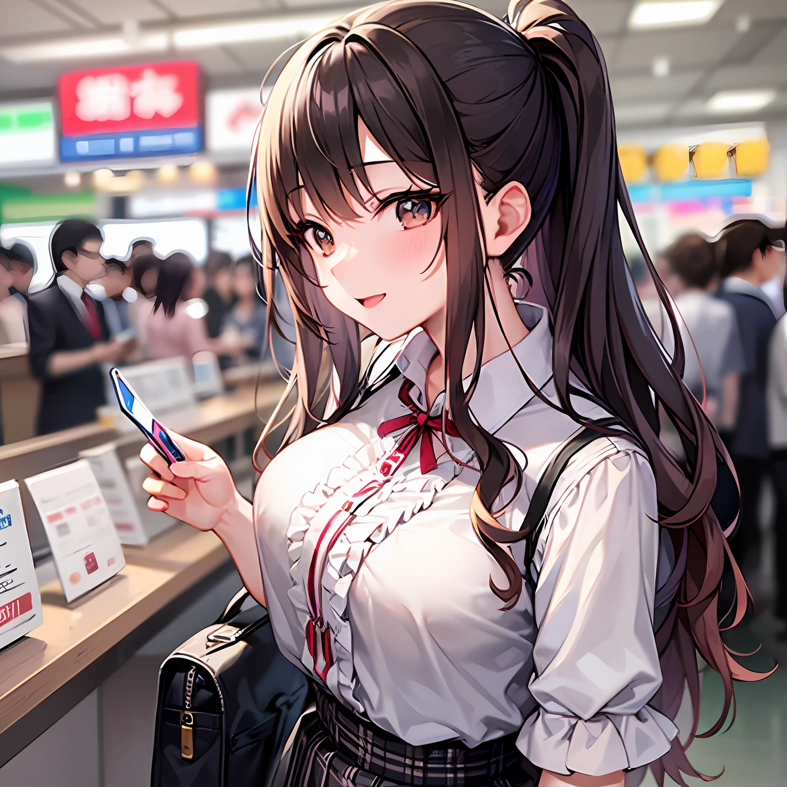 1girls, Height 148cm、Bust 85cm、Waist 56cm、Hip 85cm、F-cup、23yo、very baby face、Brown-haired、semi long hair、Blouses with ruffles、Long pleated skirt、Modern Japan station、In front of the ticket gate、appointment、Gentle smile、Blur the background a lot