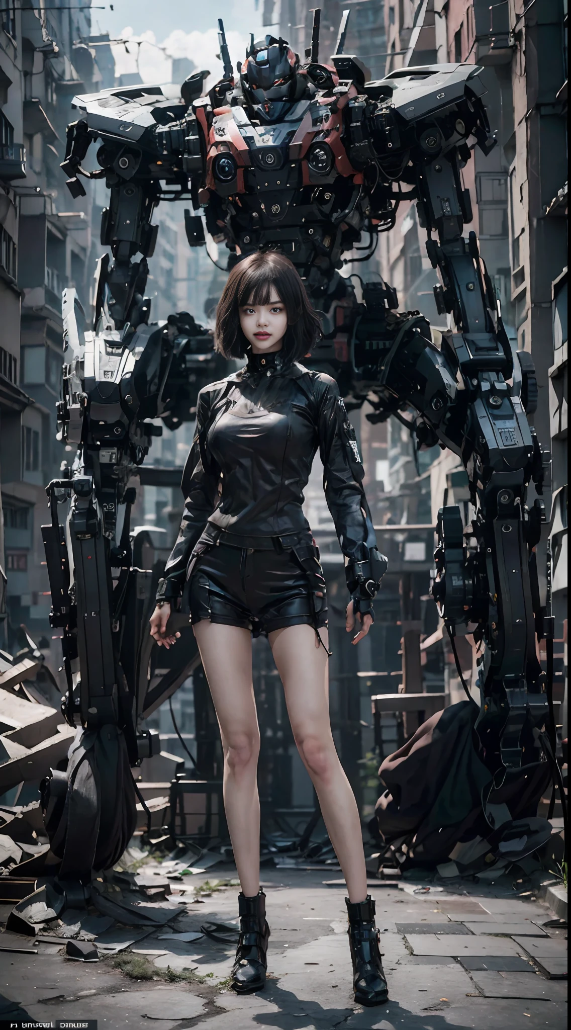 This is a CG Unity 8k wallpaper with ultra-detailed, high-resolution and top quality in cyberpunk style, dominated by black and red. In the picture, a beautiful girl with white messy short hair, a delicate face, wearing a steam mecha mask, standing on the ruins, behind her is a huge robot, and the action of a woman holding a heavy sniper rifle in her hand,