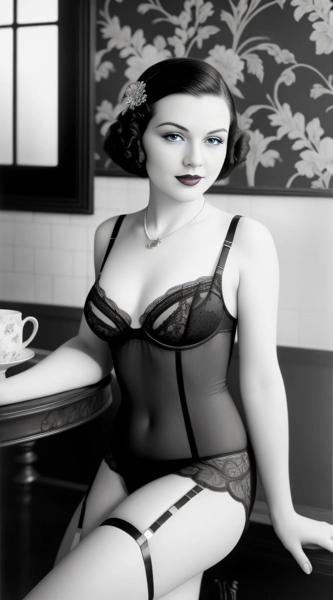 (masterpiece, high resolution, photorealistic:1.4), glamorous woman, (intricate 1930's lingerie:1.3), rouge lipstick, playful smirk, posed against ornate wallpaper, sunlit kitchen, unimpressed husband eating cornflakes in the background, half-eaten bowl of cornflakes, (glossy newspaper:1.1), (heavy-lidded bored expression:1.2), vintage kitchen setup, checkered tile floor, sepia tones, quiet morning atmosphere, looking at viewer.