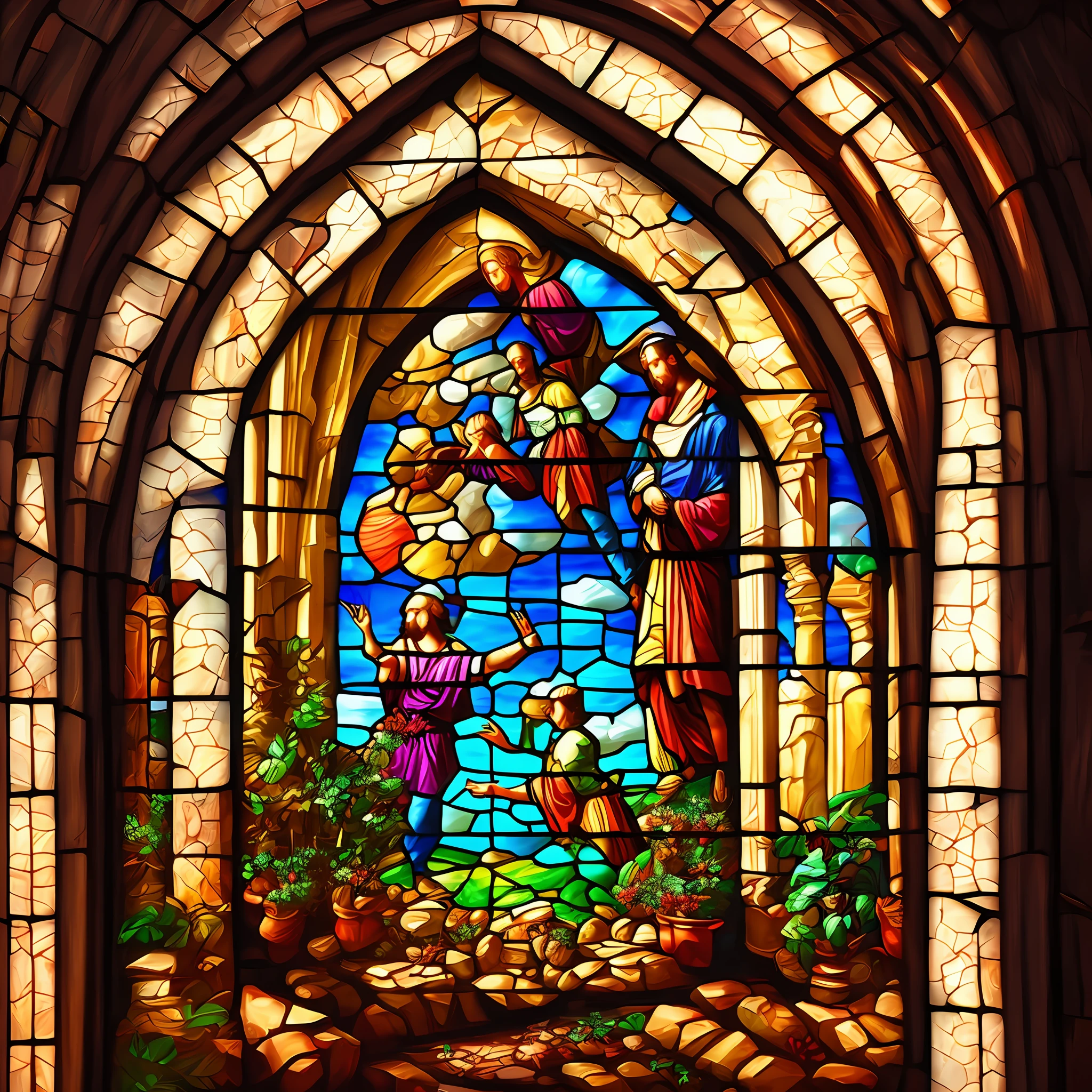 Stained glass of a window with the fantasy image. Ultra detallada, alta calidad, fotorrealista, 8k, detailed. Digital painting --auto