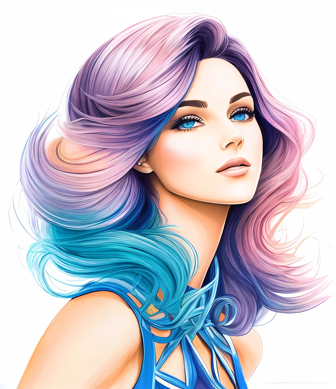 um desenho de uma mulher com longos cabelos rosa e uma borboleta, mixed media style illustration, azul. cabelo detalhado, estilo de arte bonito, detailed fashion illustration, cabelo longo violeta, aquarela artstyle, estilo de arte impressionante, colorfull illustration, RossDraw pastel vibrante, desenho colorido, cabelo rosa e azul, cabelos longos coloridos, air brush illustration, arte detalhada bonito