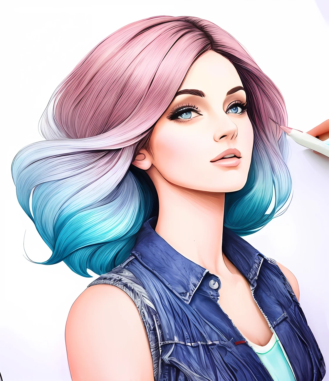 um desenho de uma mulher com longos cabelos rosa e uma borboleta, mixed media style illustration, azul. cabelo detalhado, estilo de arte bonito, detailed fashion illustration, cabelo longo violeta, aquarela artstyle, estilo de arte impressionante, colorfull illustration, RossDraw pastel vibrante, desenho colorido, cabelo rosa e azul, cabelos longos coloridos, air brush illustration, arte detalhada bonito