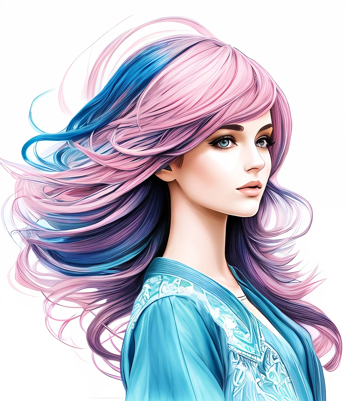 um desenho de uma mulher com longos cabelos rosa e uma borboleta, mixed media style illustration, azul. cabelo detalhado, estilo de arte bonito, detailed fashion illustration, cabelo longo violeta, aquarela artstyle, estilo de arte impressionante, colorfull illustration, RossDraw pastel vibrante, desenho colorido, cabelo rosa e azul, cabelos longos coloridos, air brush illustration, arte detalhada bonito