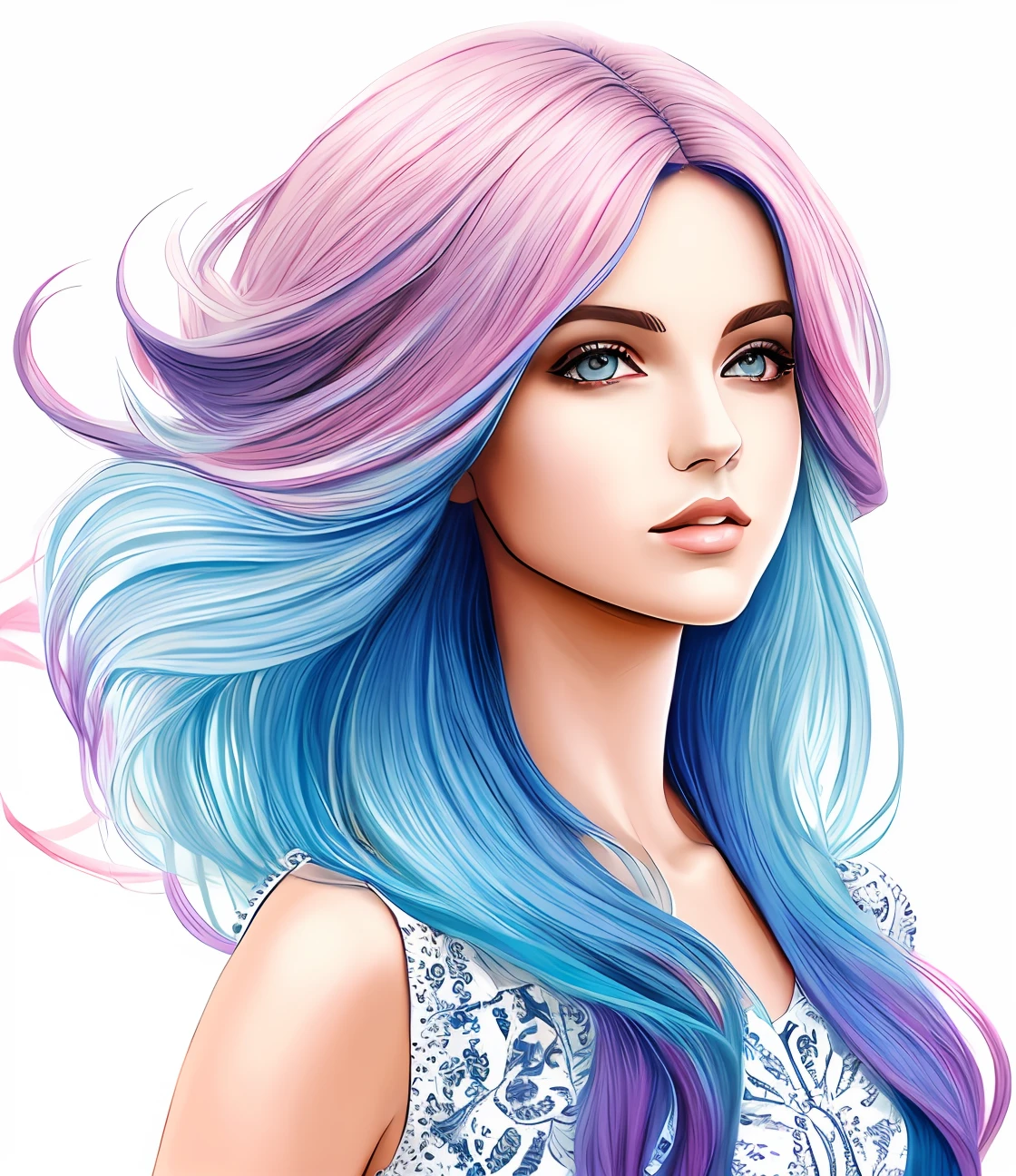 um desenho de uma mulher com longos cabelos rosa e uma borboleta, mixed media style illustration, azul. cabelo detalhado, estilo de arte bonito, detailed fashion illustration, cabelo longo violeta, aquarela artstyle, estilo de arte impressionante, colorfull illustration, RossDraw pastel vibrante, desenho colorido, cabelo rosa e azul, cabelos longos coloridos, air brush illustration, arte detalhada bonito