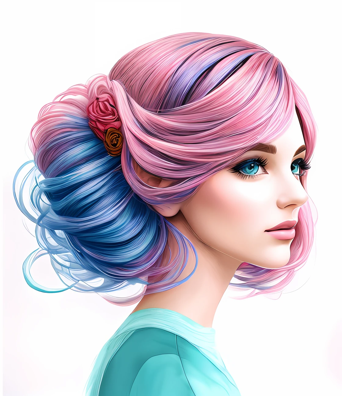 um desenho de uma mulher com longos cabelos rosa e uma borboleta, mixed media style illustration, azul. cabelo detalhado, estilo de arte bonito, detailed fashion illustration, cabelo longo violeta, aquarela artstyle, estilo de arte impressionante, colorfull illustration, RossDraw pastel vibrante, desenho colorido, cabelo rosa e azul, cabelos longos coloridos, air brush illustration, arte detalhada bonito