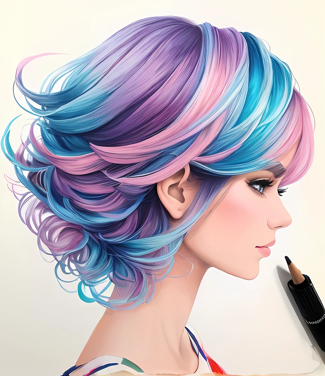 um desenho de uma mulher com longos cabelos rosa e uma borboleta, mixed media style illustration, azul. cabelo detalhado, estilo de arte bonito, detailed fashion illustration, cabelo longo violeta, aquarela artstyle, estilo de arte impressionante, colorfull illustration, RossDraw pastel vibrante, desenho colorido, cabelo rosa e azul, cabelos longos coloridos, air brush illustration, arte detalhada bonito