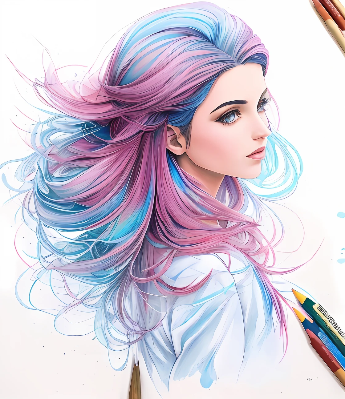 um desenho de uma mulher com longos cabelos rosa e uma borboleta, mixed media style illustration, azul. cabelo detalhado, estilo de arte bonito, detailed fashion illustration, cabelo longo violeta, aquarela artstyle, estilo de arte impressionante, colorfull illustration, RossDraw pastel vibrante, desenho colorido, cabelo rosa e azul, cabelos longos coloridos, air brush illustration, arte detalhada bonito